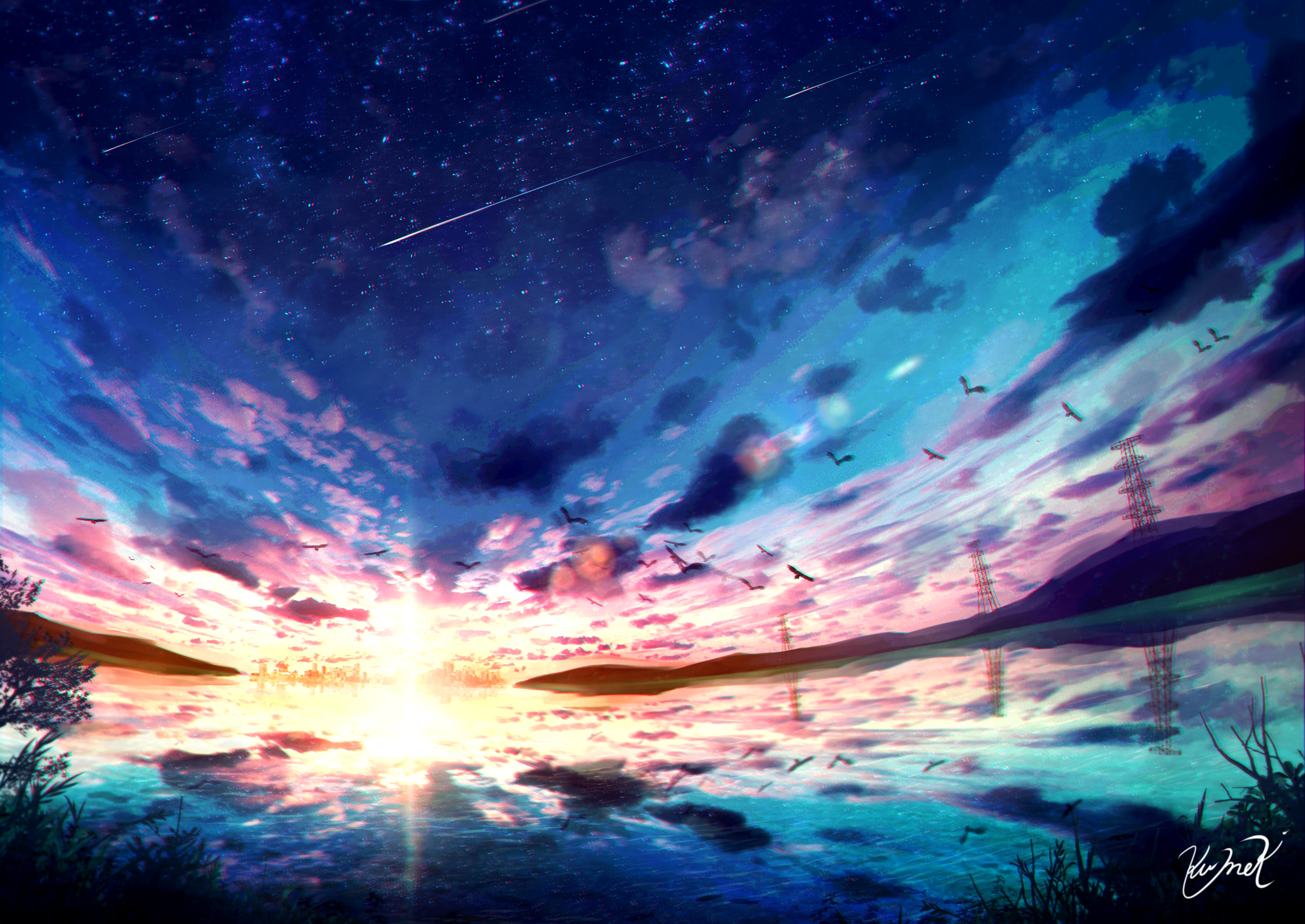 Starry Sky Sunset Over Water with Birds HD Wallpaper
