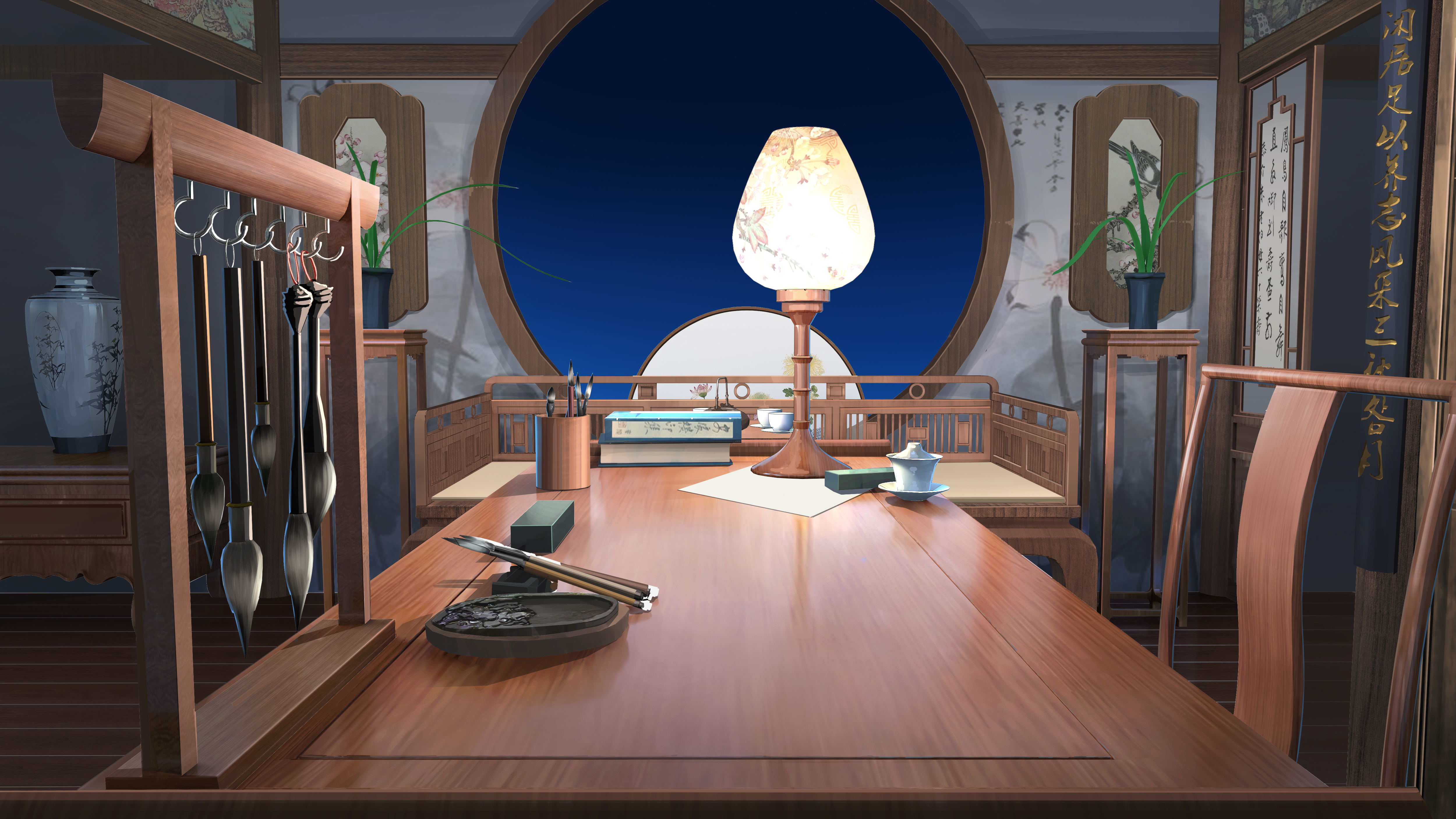 Traditional Chinese Study Room with Calligraphy Tools HD Wallpaper