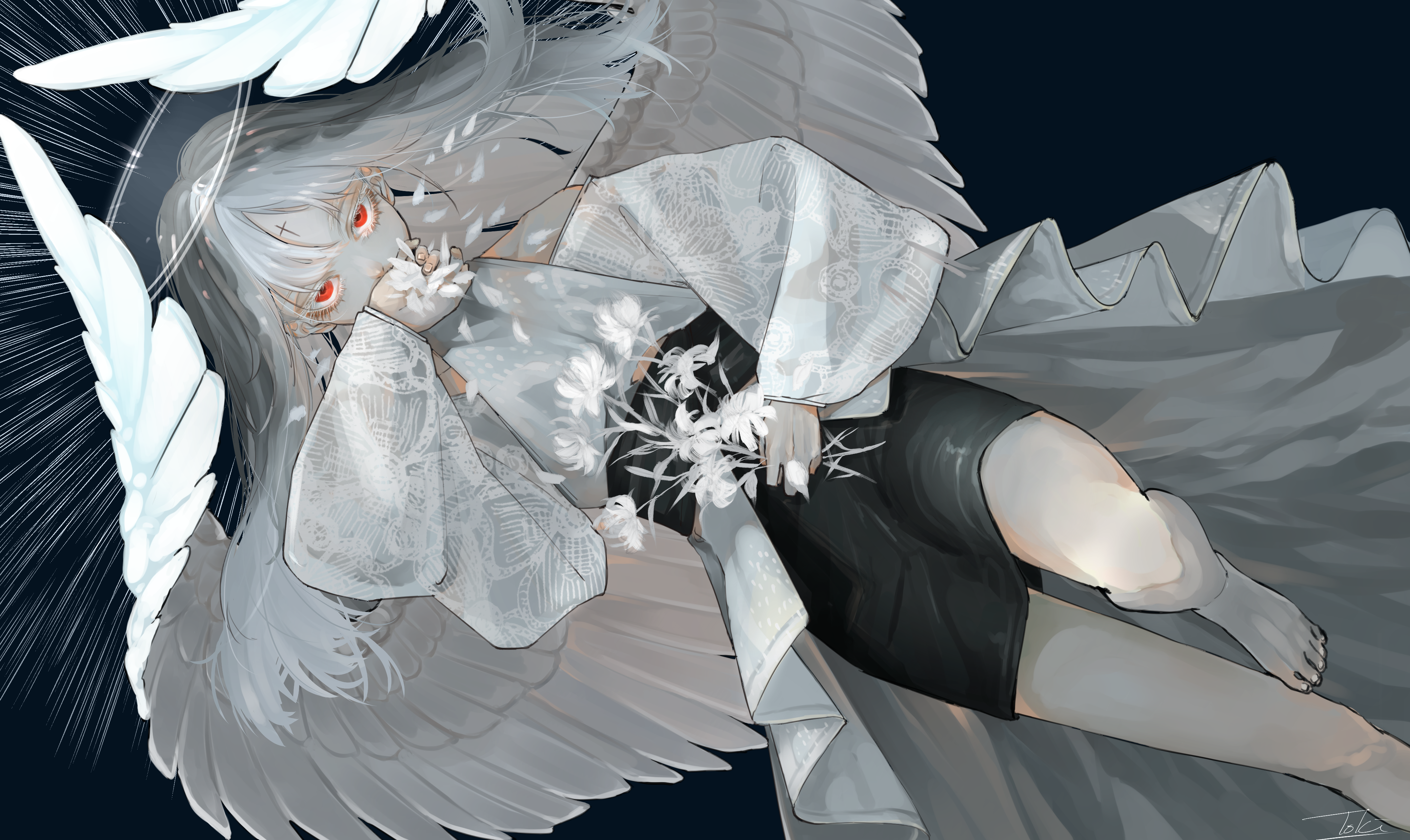 Angel with white wings and red eyes HD Wallpaper