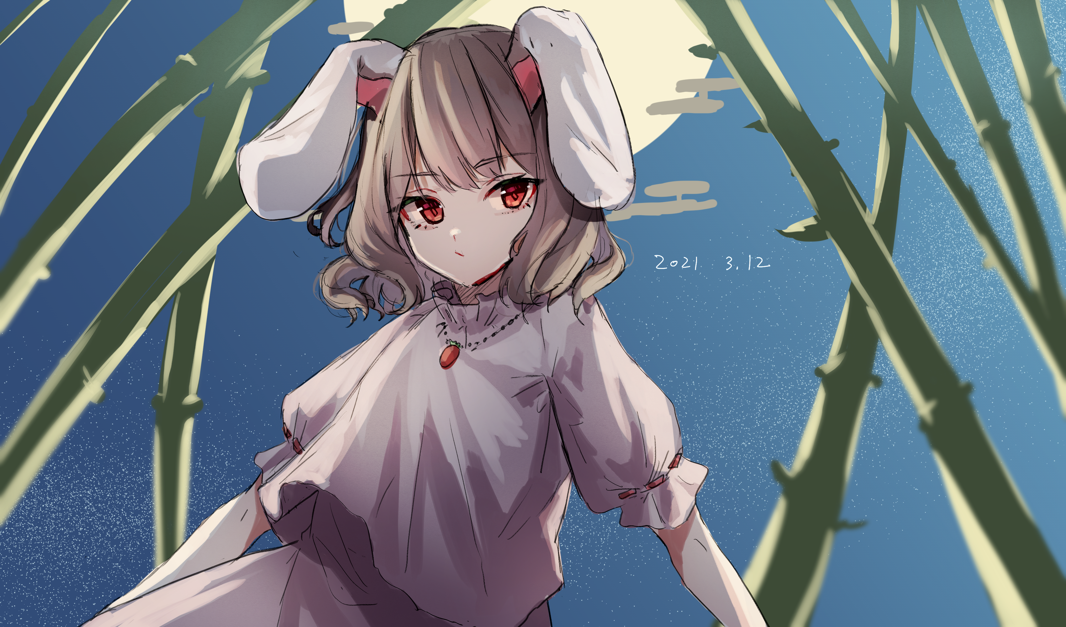 Tewi Inaba in a white dress under the moon HD Wallpaper