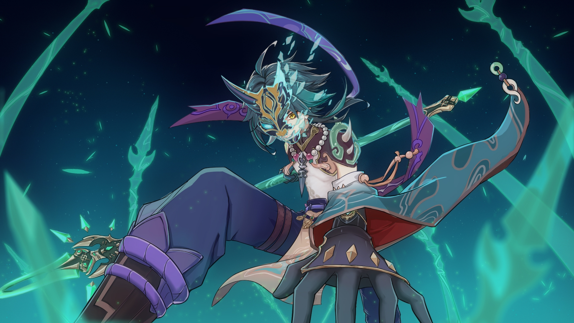 Xiao from Genshin Impact with a spear HD Wallpaper
