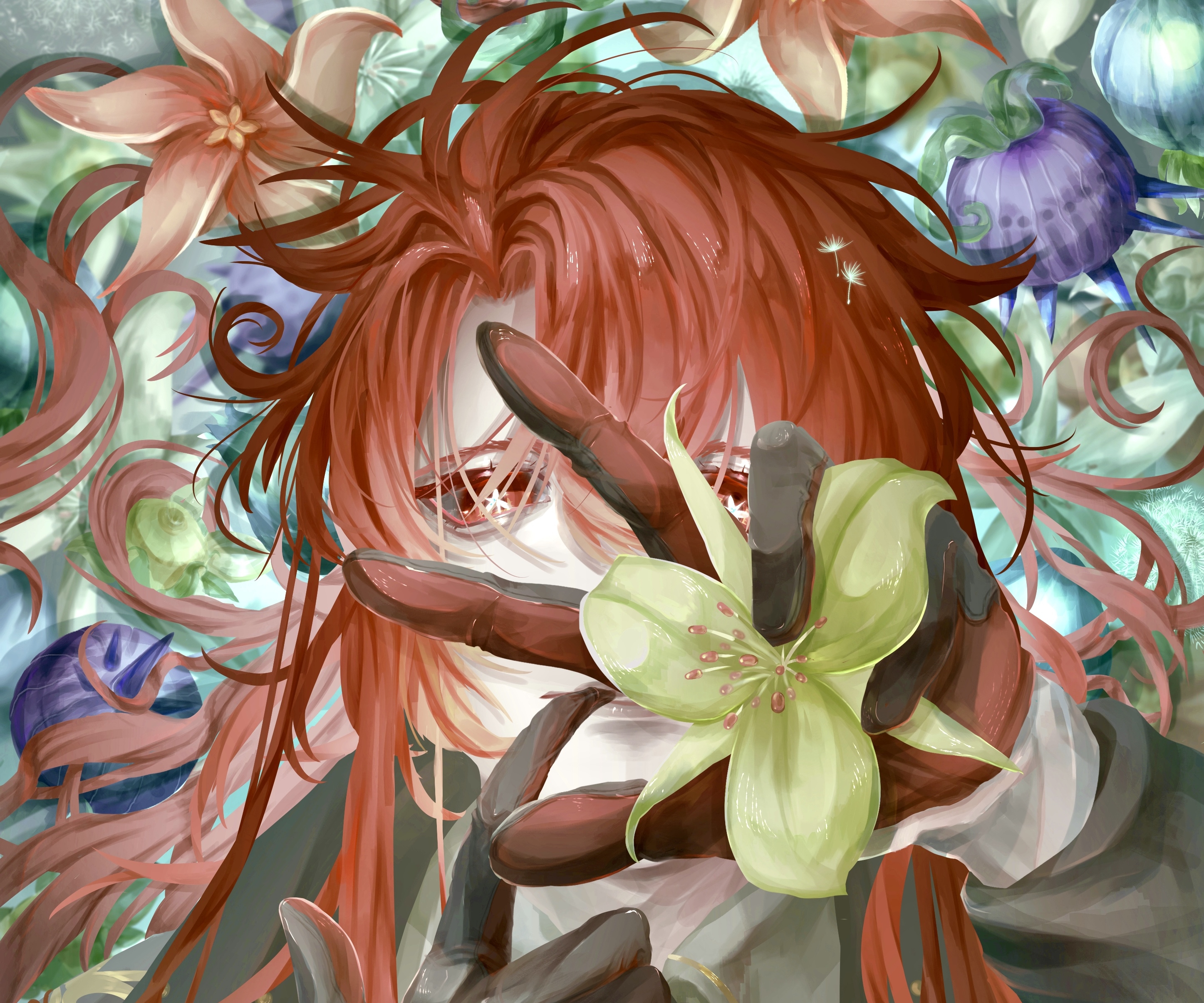 Diluc from Genshin Impact with flowers HD Wallpaper