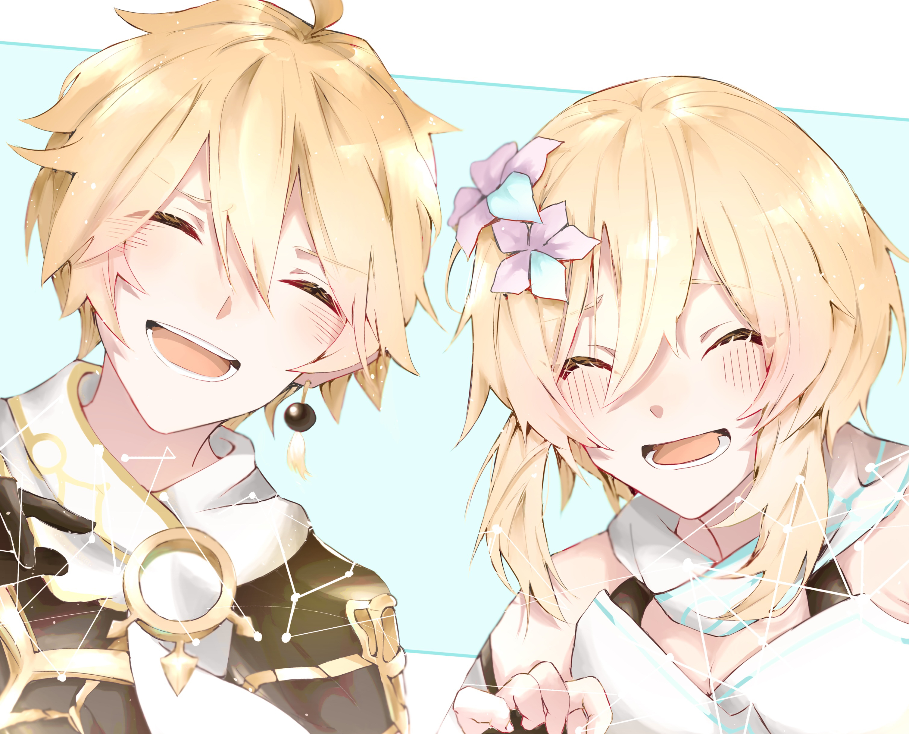 Aether and Lumine from Genshin Impact smiling HD Wallpaper