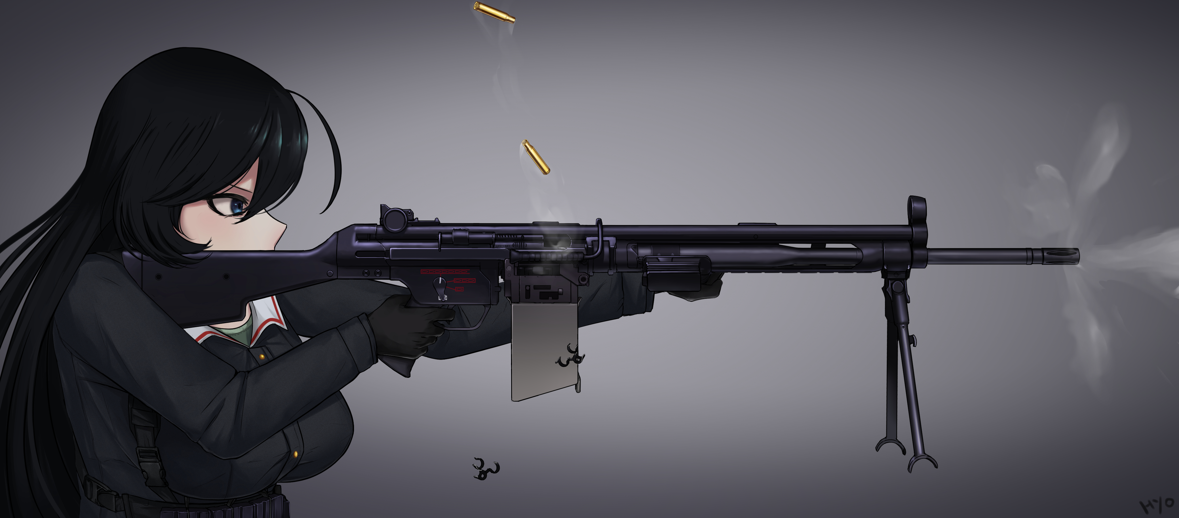 Hana Isuzu firing a machine gun HD Wallpaper