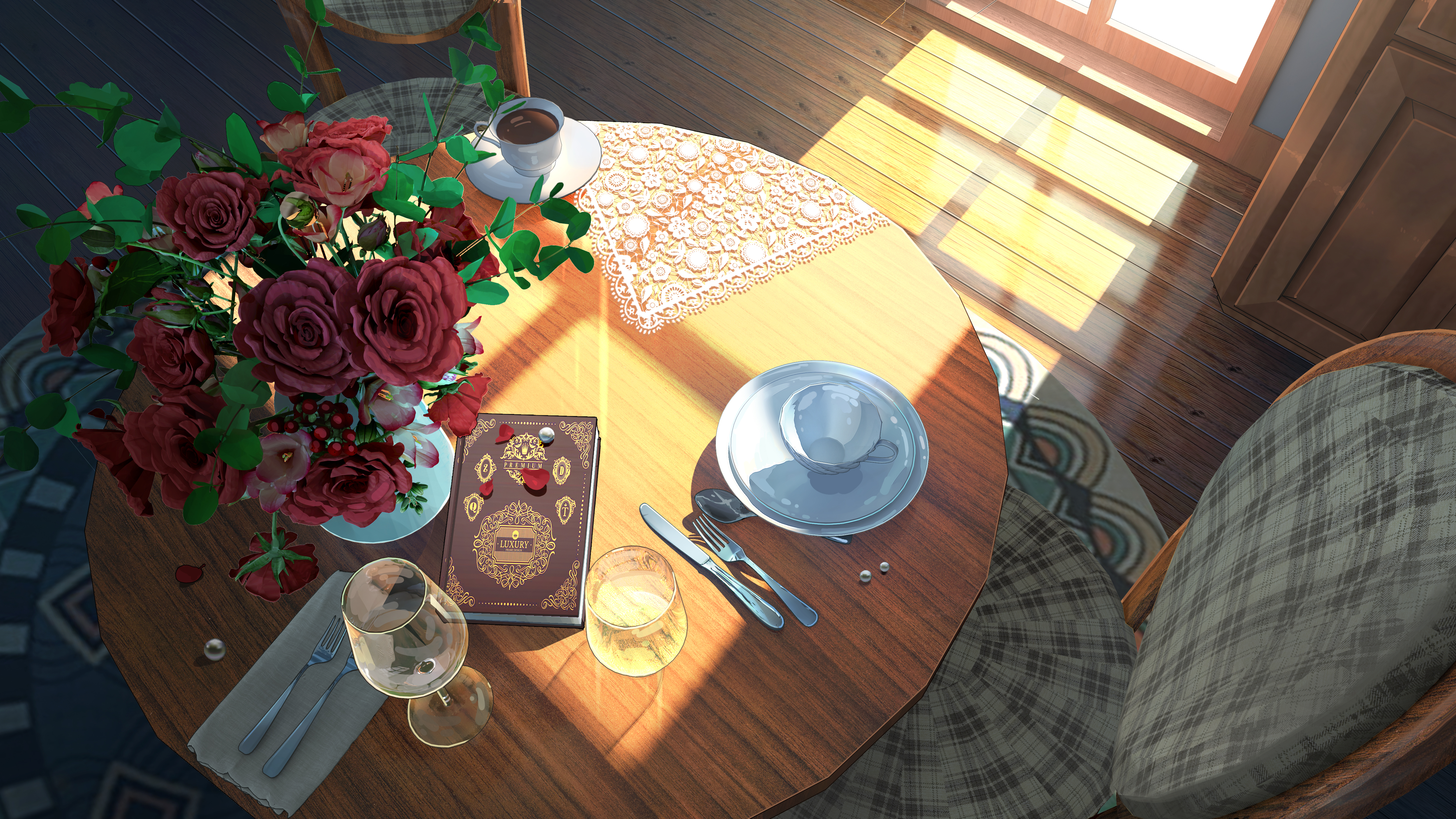 Table setting with flowers and coffee 4K HD Wallpaper