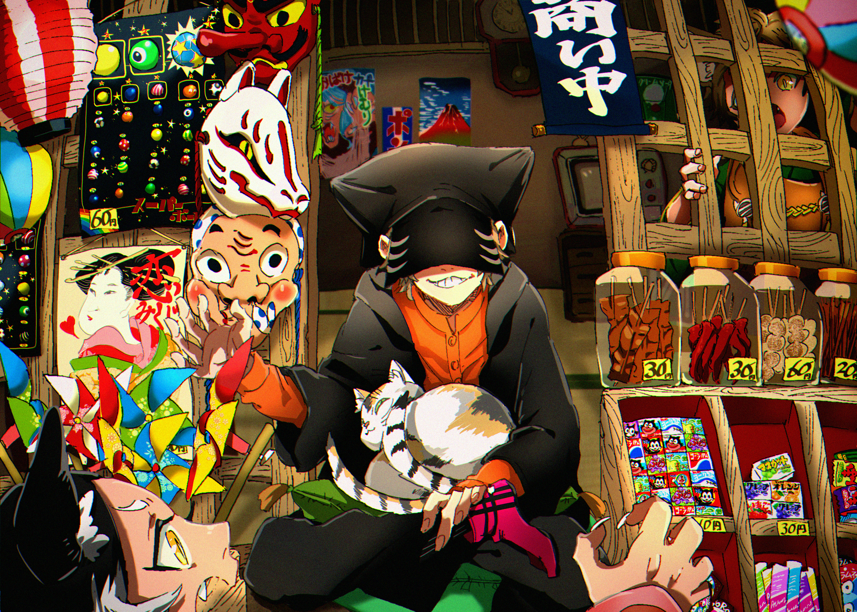Anime stall with masks and candy HD Wallpaper