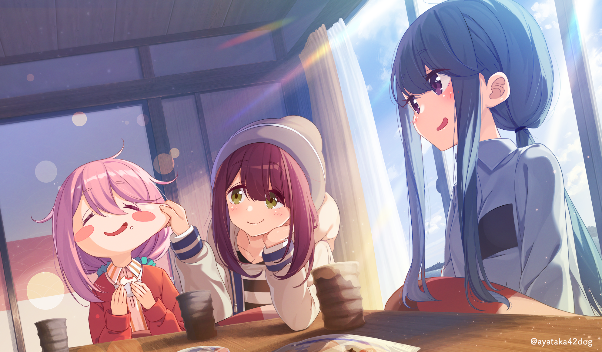 Nadeshiko Kagamihara, Ayano Toki, and Rin Shima enjoying a meal HD Wallpaper