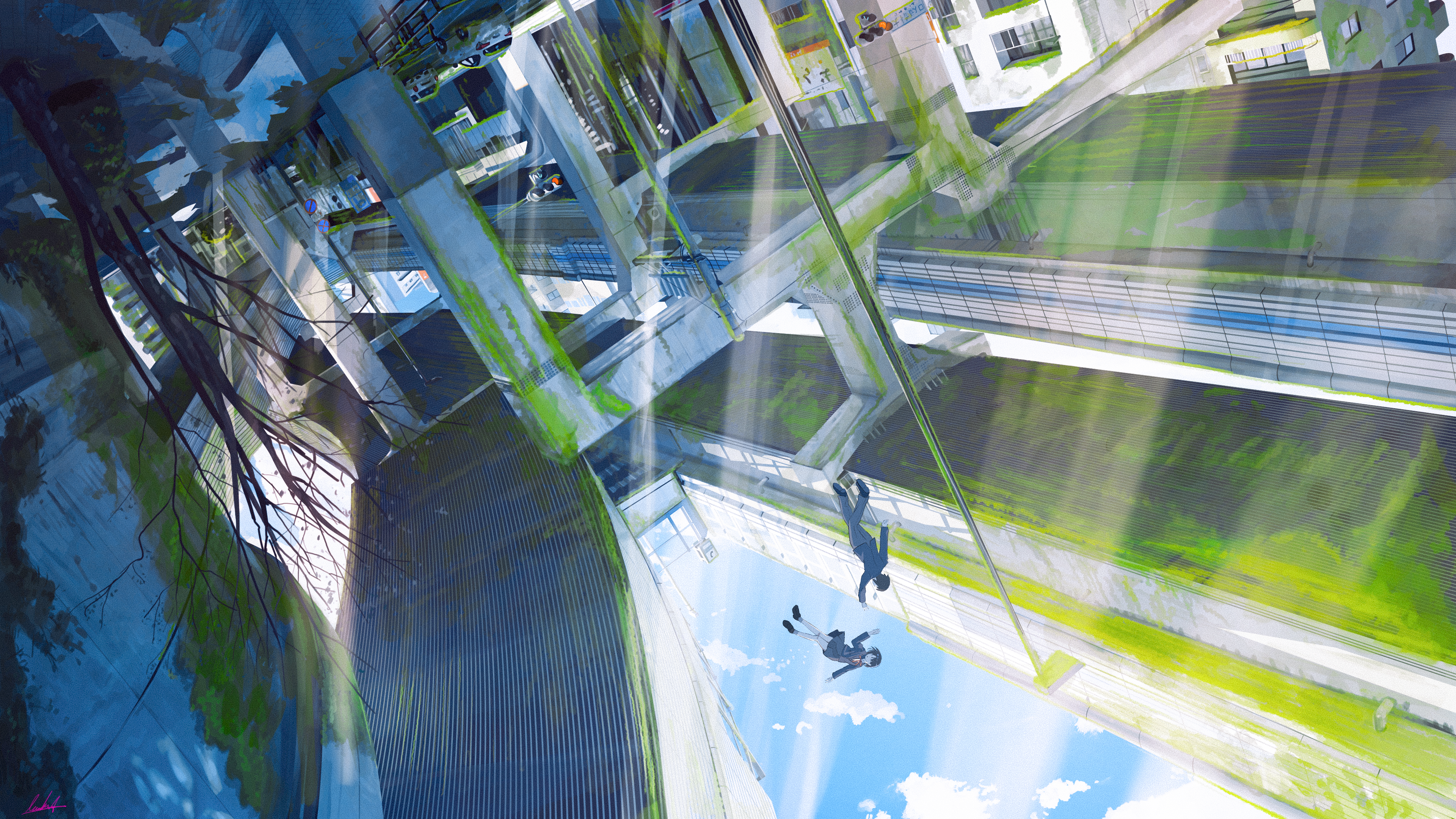 Two people falling in a futuristic city HD Wallpaper