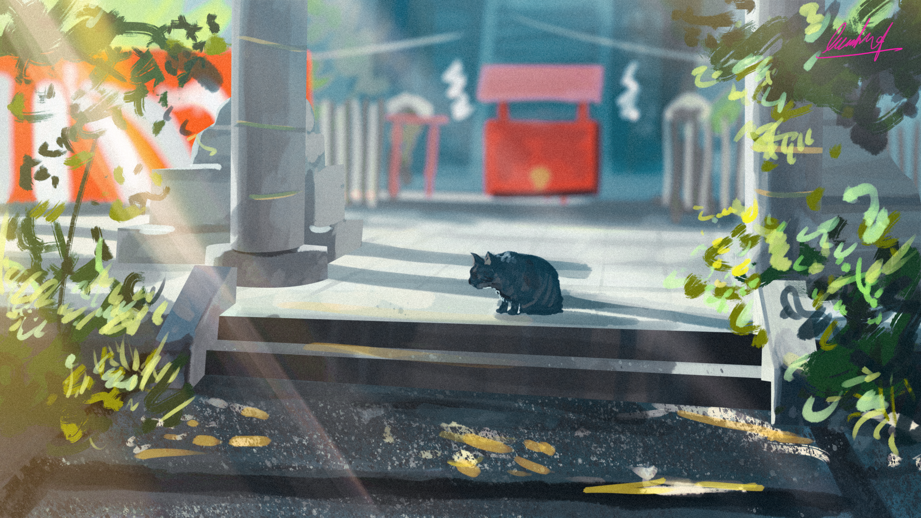 Black Cat Sitting on Steps of Japanese Shrine HD Wallpaper