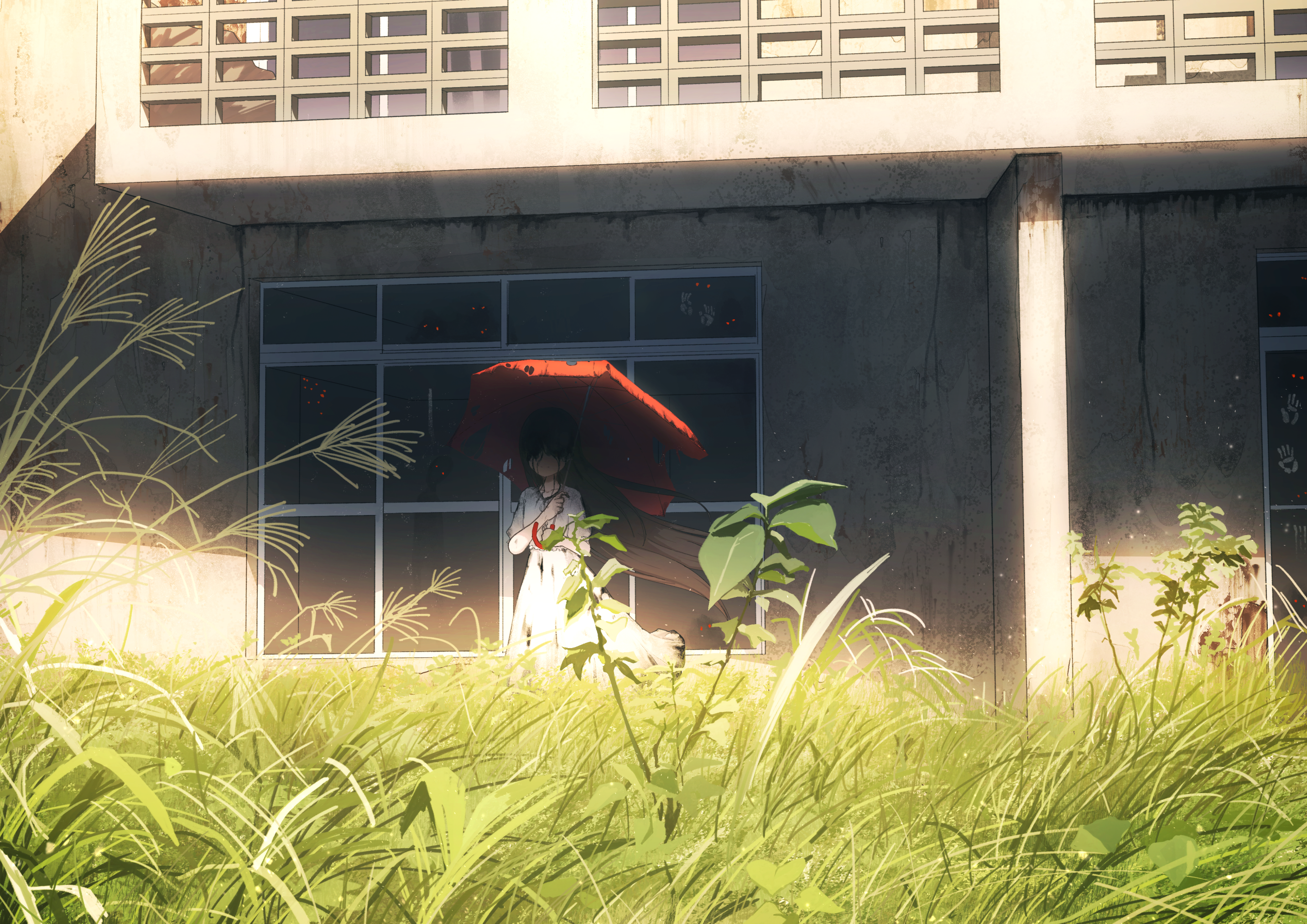 Girl with Umbrella in Abandoned Building HD Wallpaper