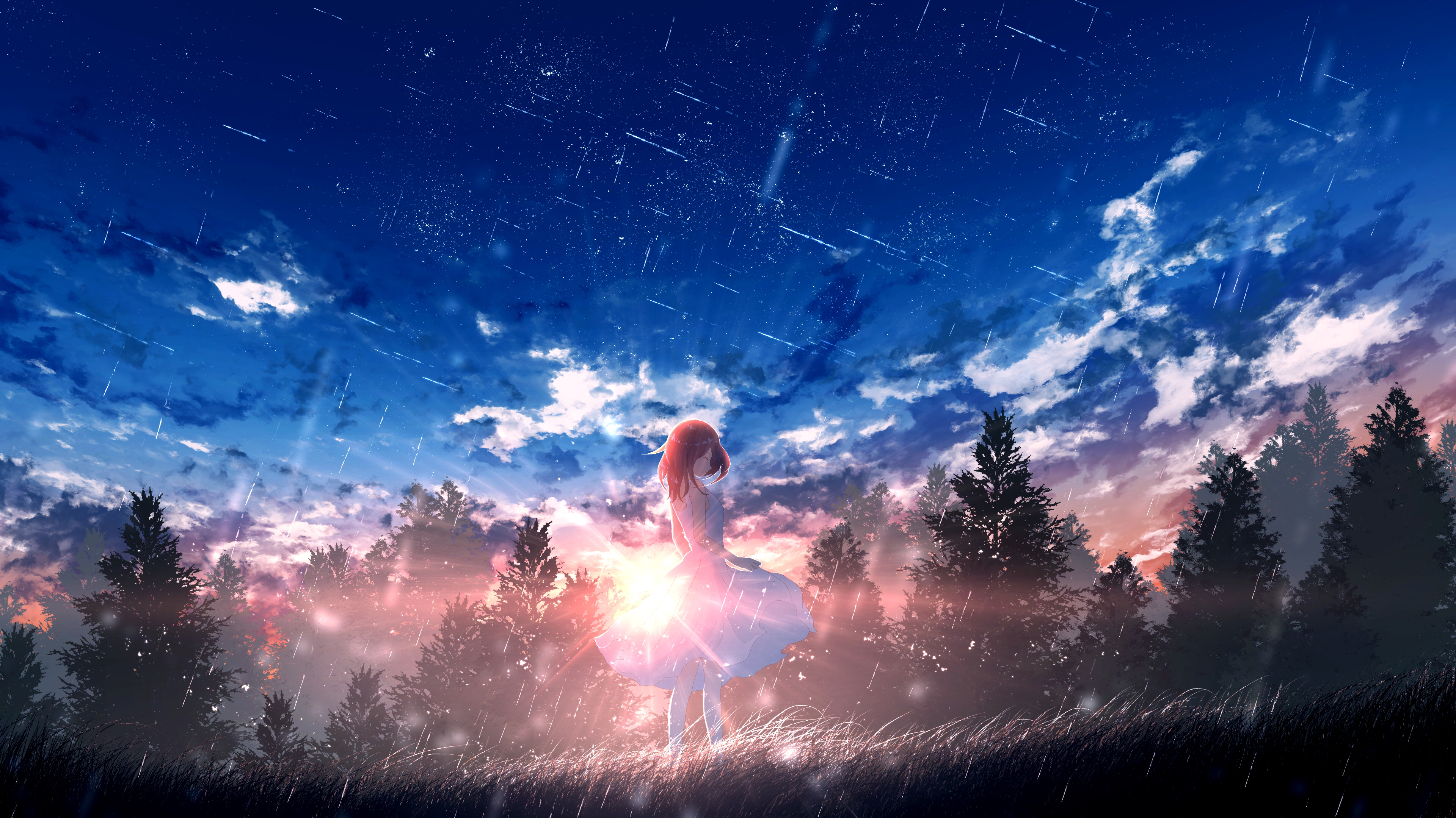 Girl in a field at sunrise with shooting stars HD Wallpaper