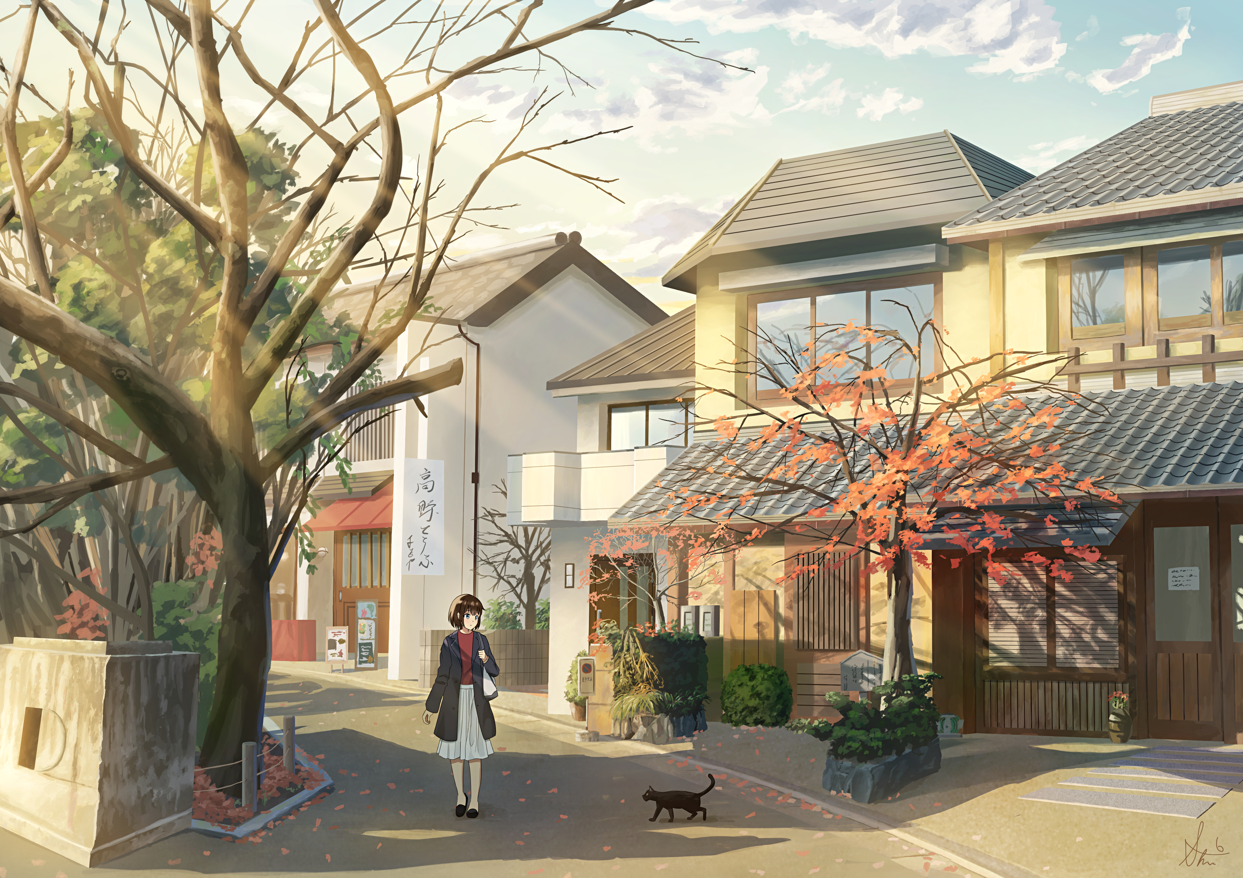 Girl and cat on a street in Japan HD Wallpaper