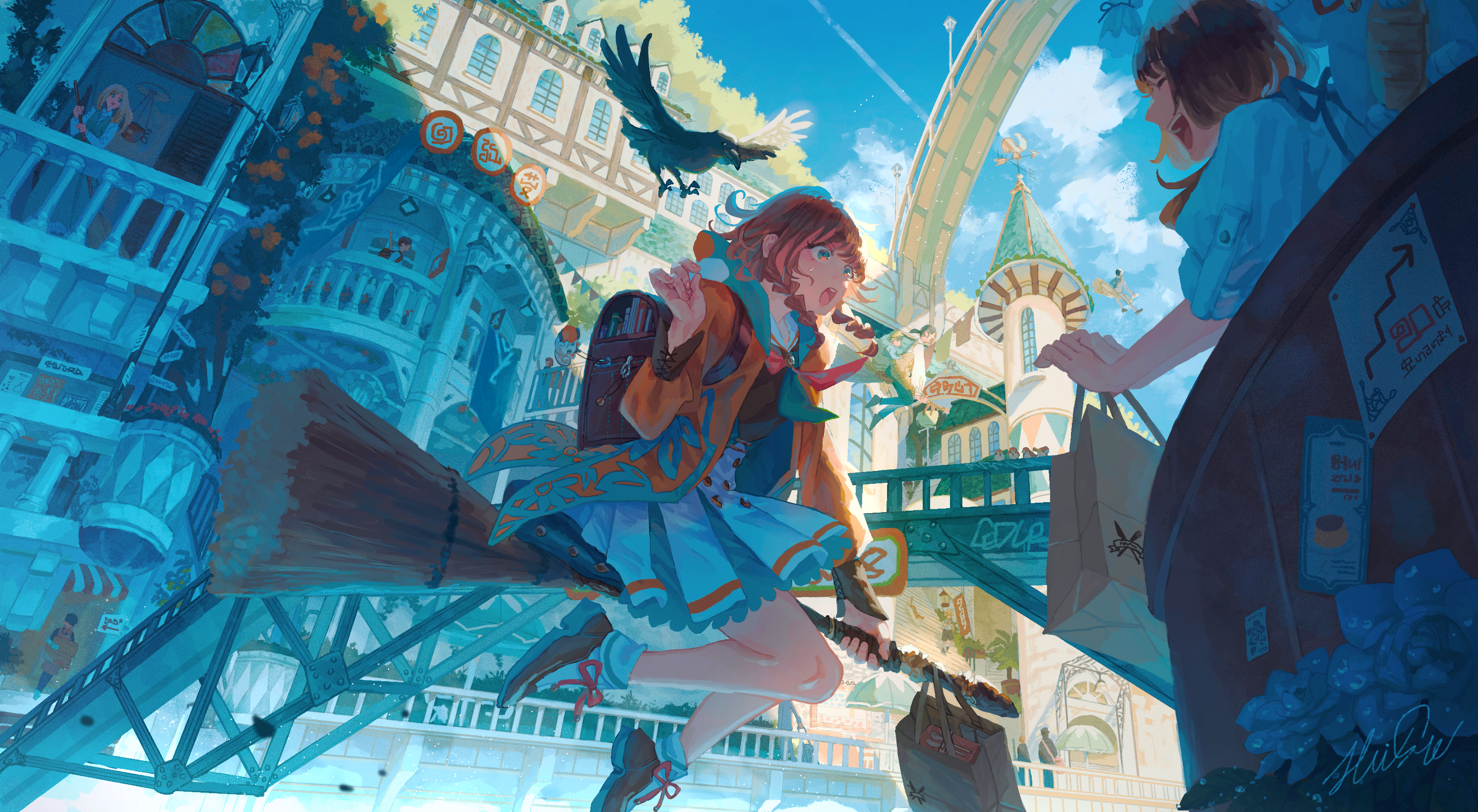 Girl flying on a broomstick in a fantasy city HD Wallpaper