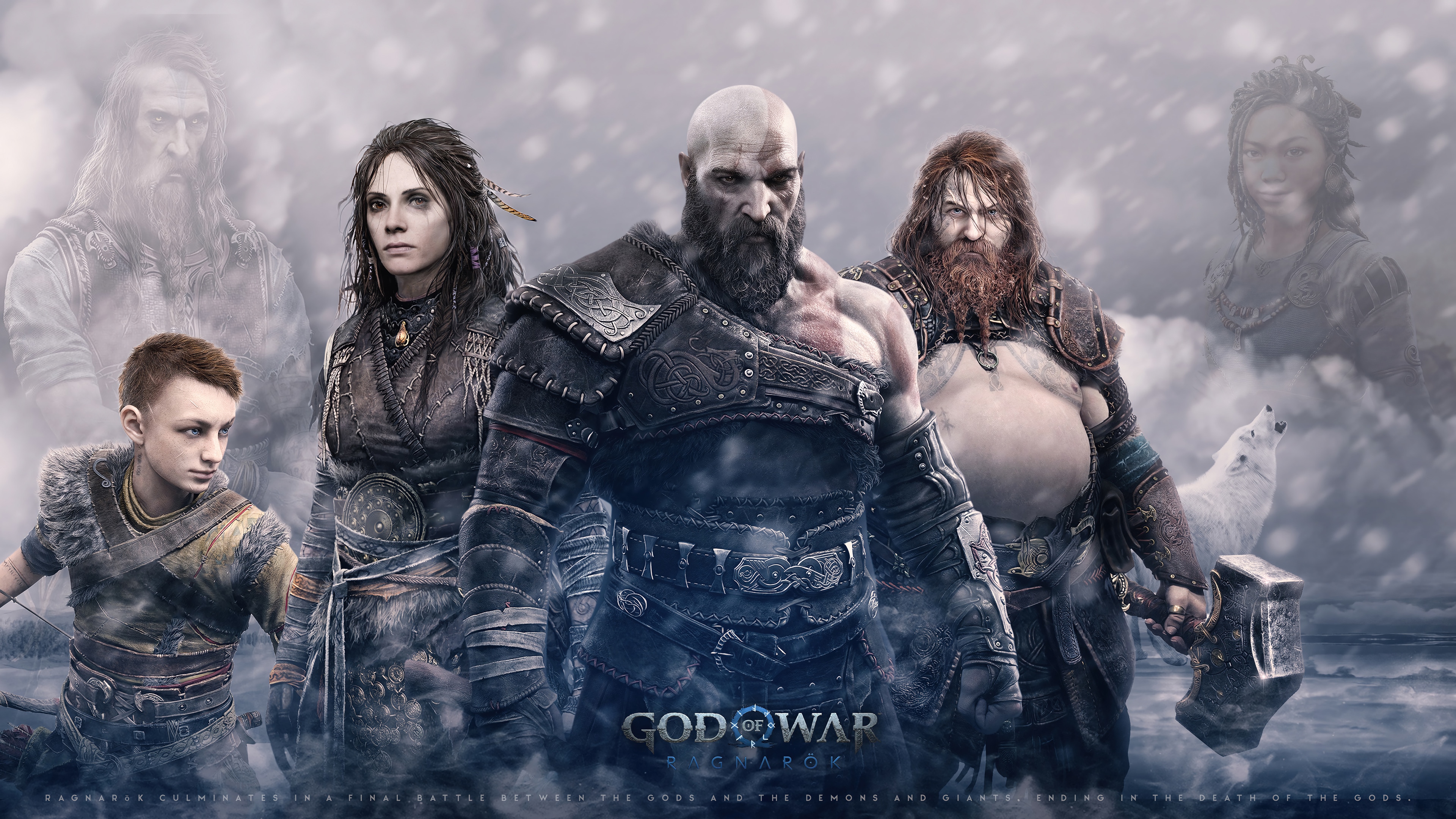 God of War Ragnarok Kratos Atreus Freya Thor 4K HD Wallpaper