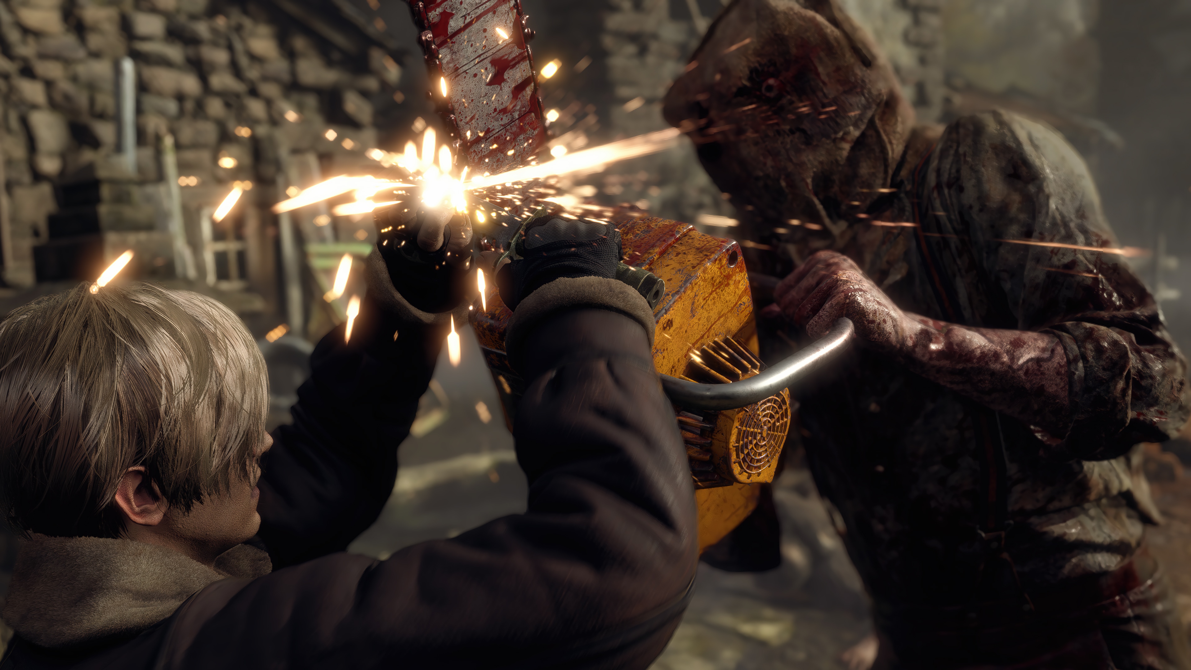 Leon S. Kennedy fights Chainsaw Man in Resident Evil 4 HD Wallpaper