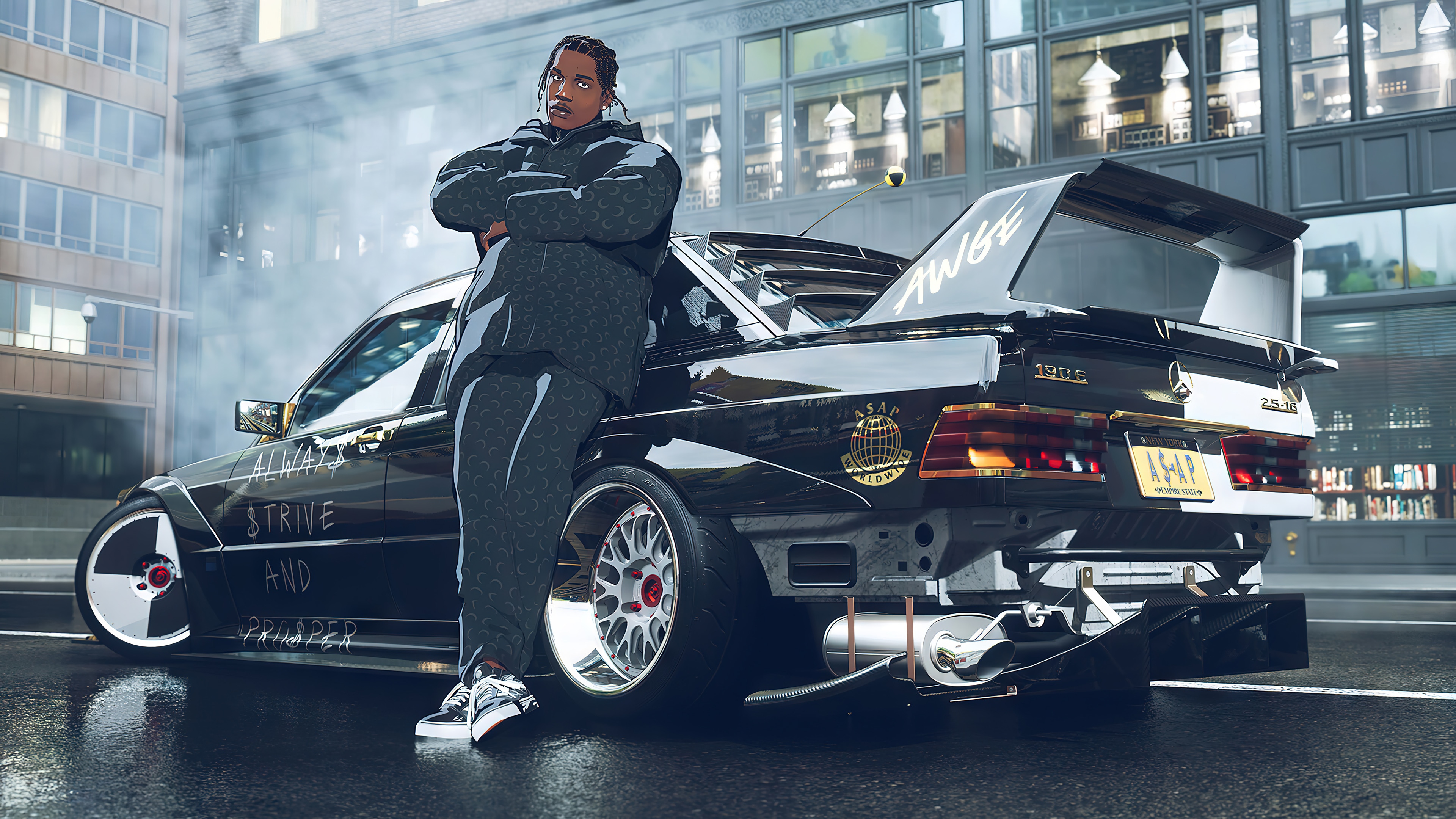 A$ap Rocky with a Mercedes-Benz 190E in Need for Speed Unbound 4K HD Wallpaper