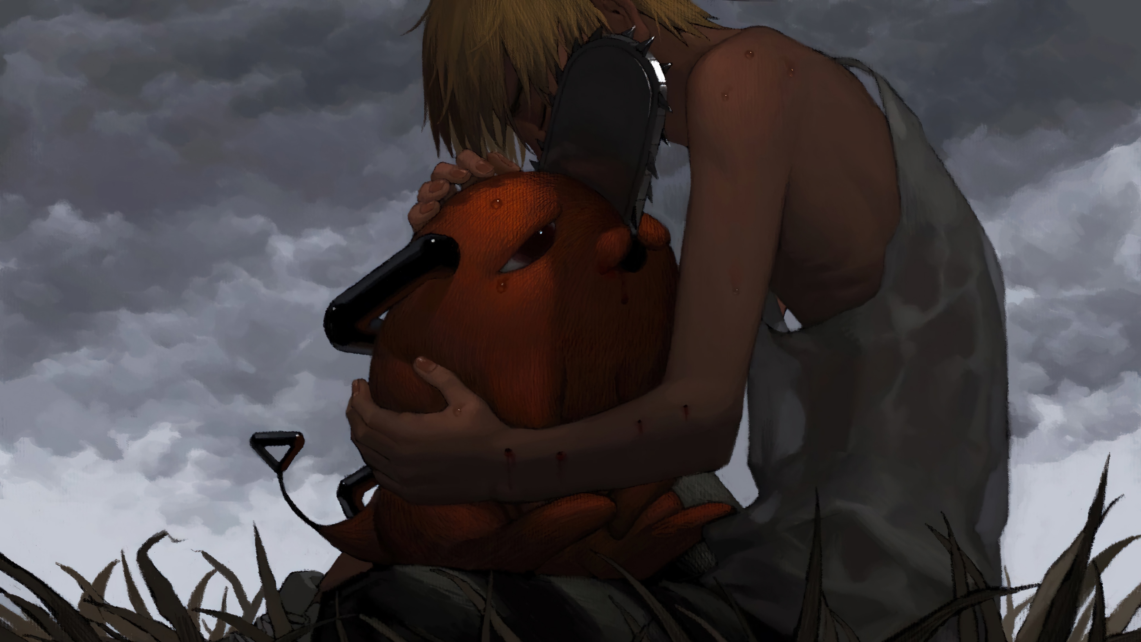 Chainsaw Man: Denji hugs Pochita under cloudy sky HD Wallpaper