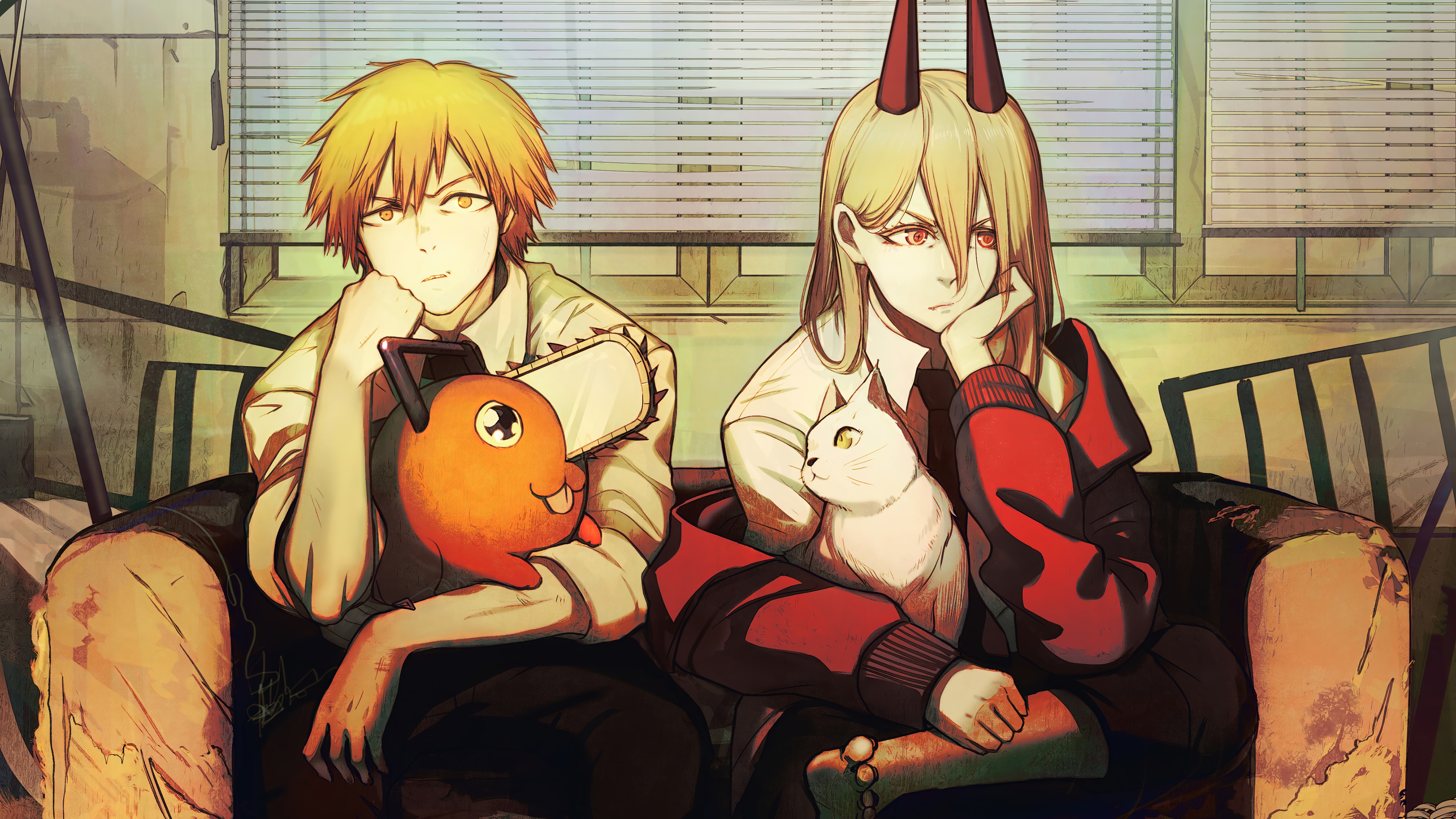 Chainsaw Man: Denji, Power, and Pochita on a Couch HD Wallpaper