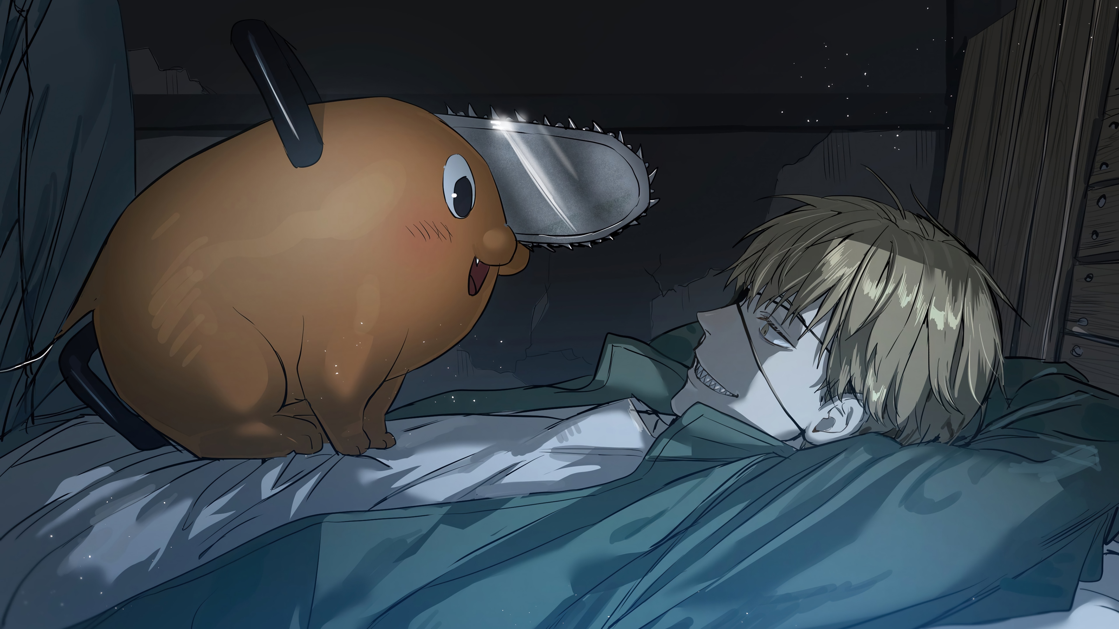 Chainsaw Man: Denji and Pochita in bed HD Wallpaper