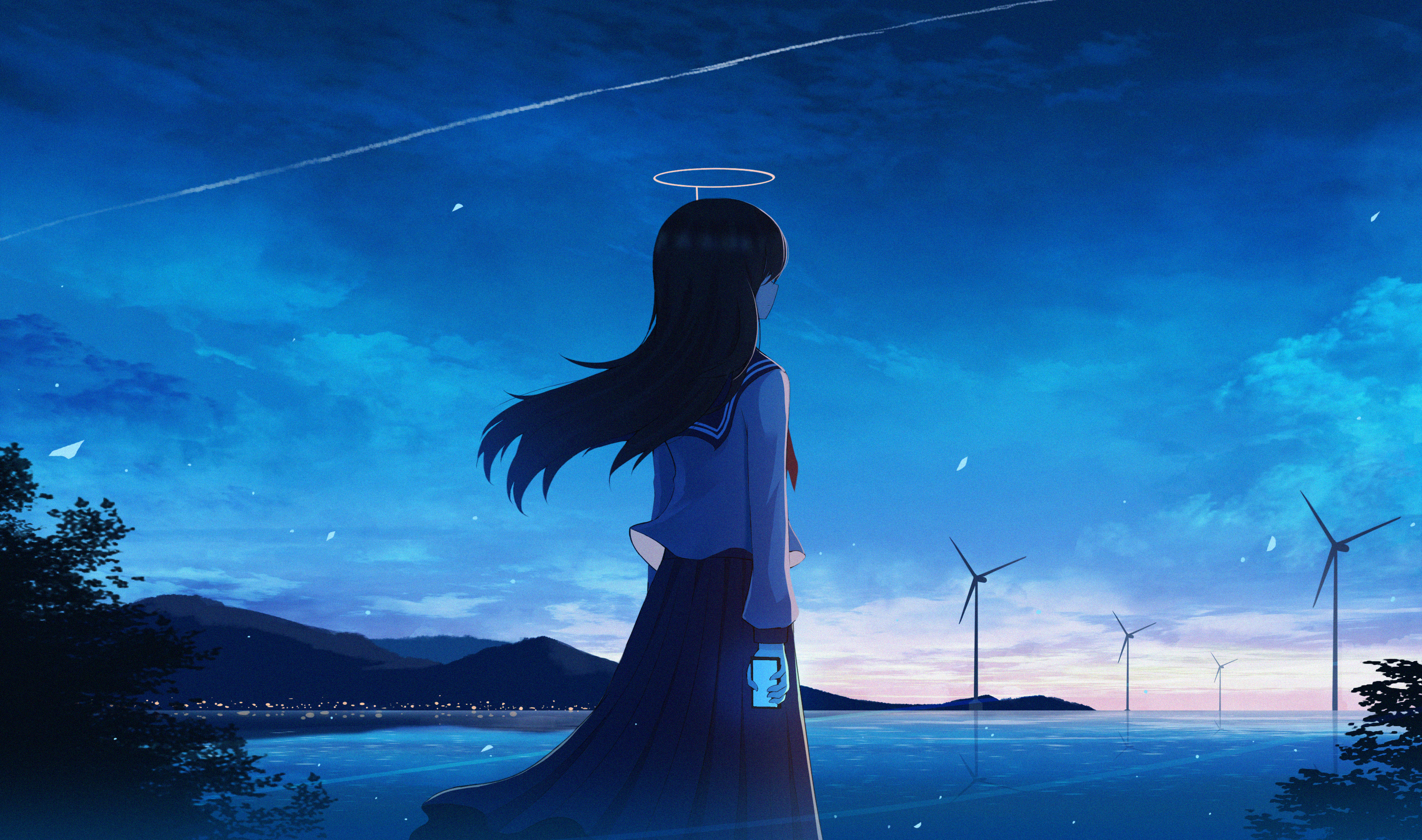 Girl in uniform with halo looking at the horizon HD Wallpaper