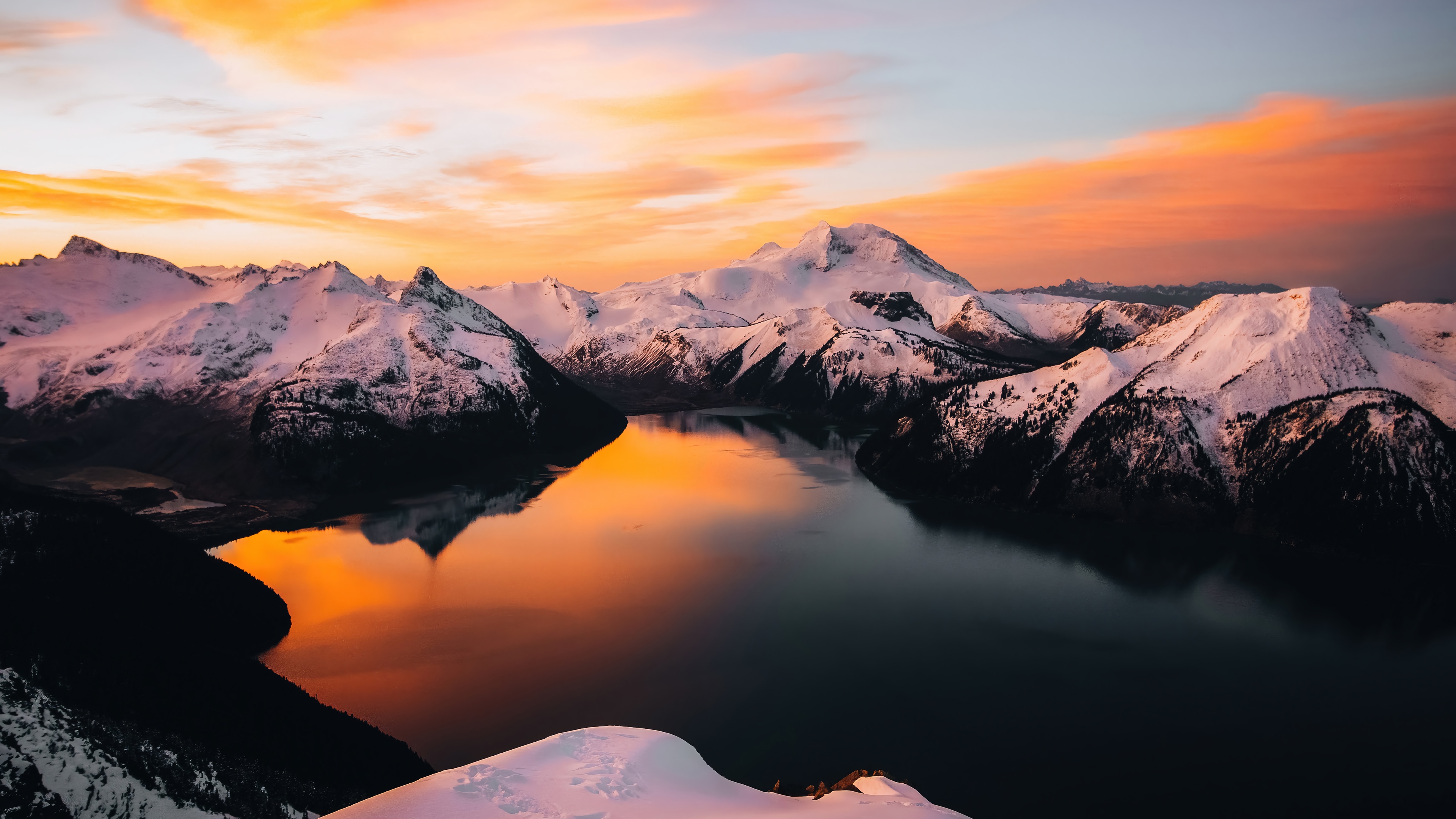Sunset over snow-capped mountains and a lake in Canada 4K HD Wallpaper