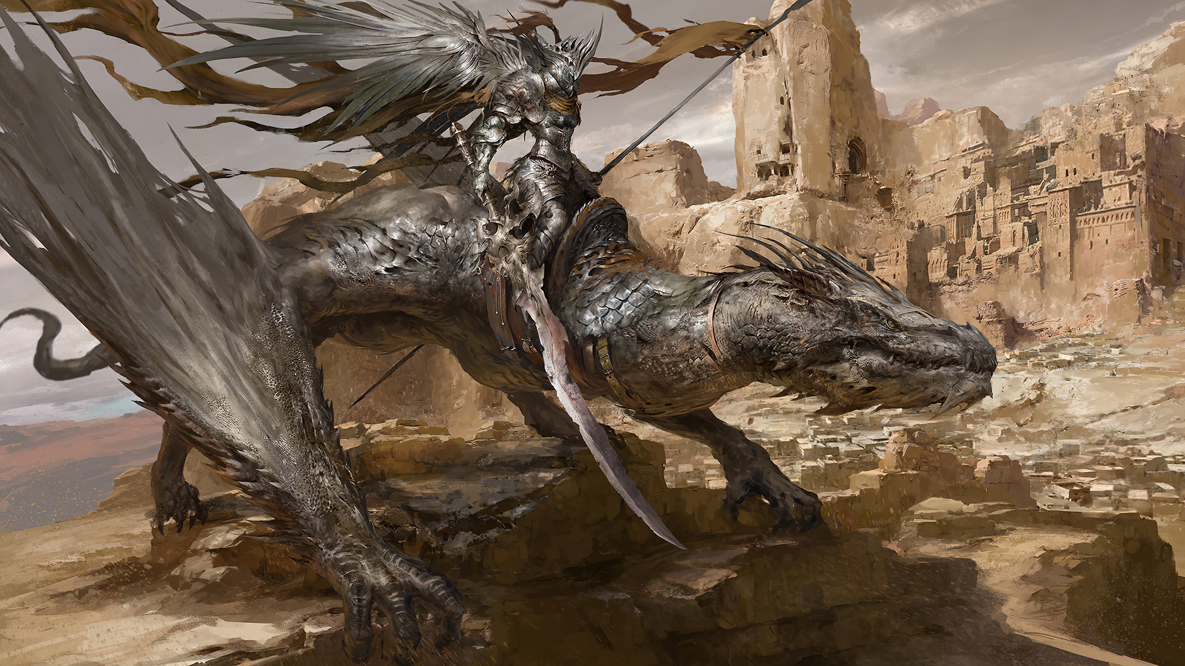 Warrior Riding a Dragon in a Desert City HD Wallpaper