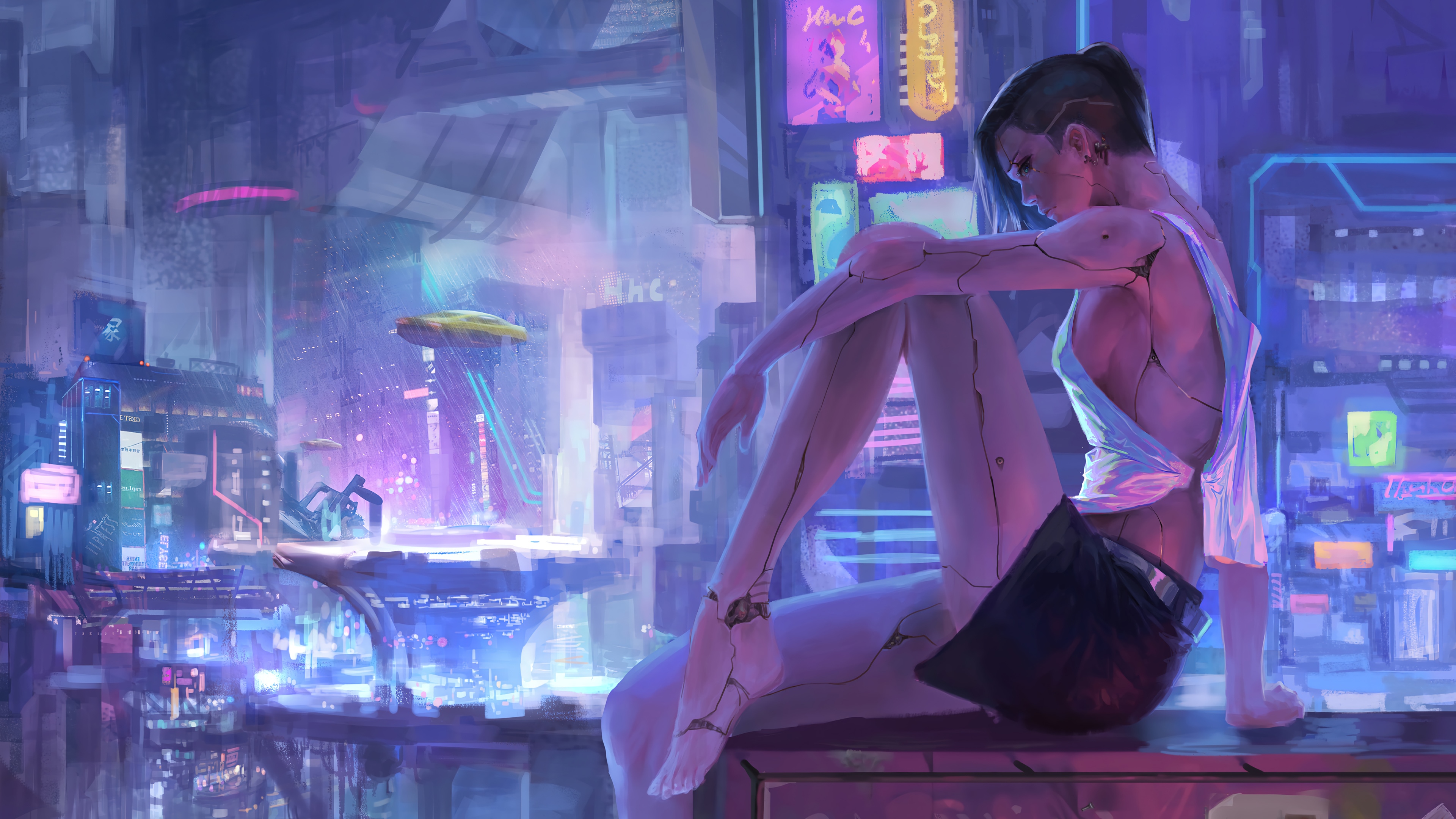 Cyberpunk girl with mechanical limbs in a neon city 4K HD Wallpaper