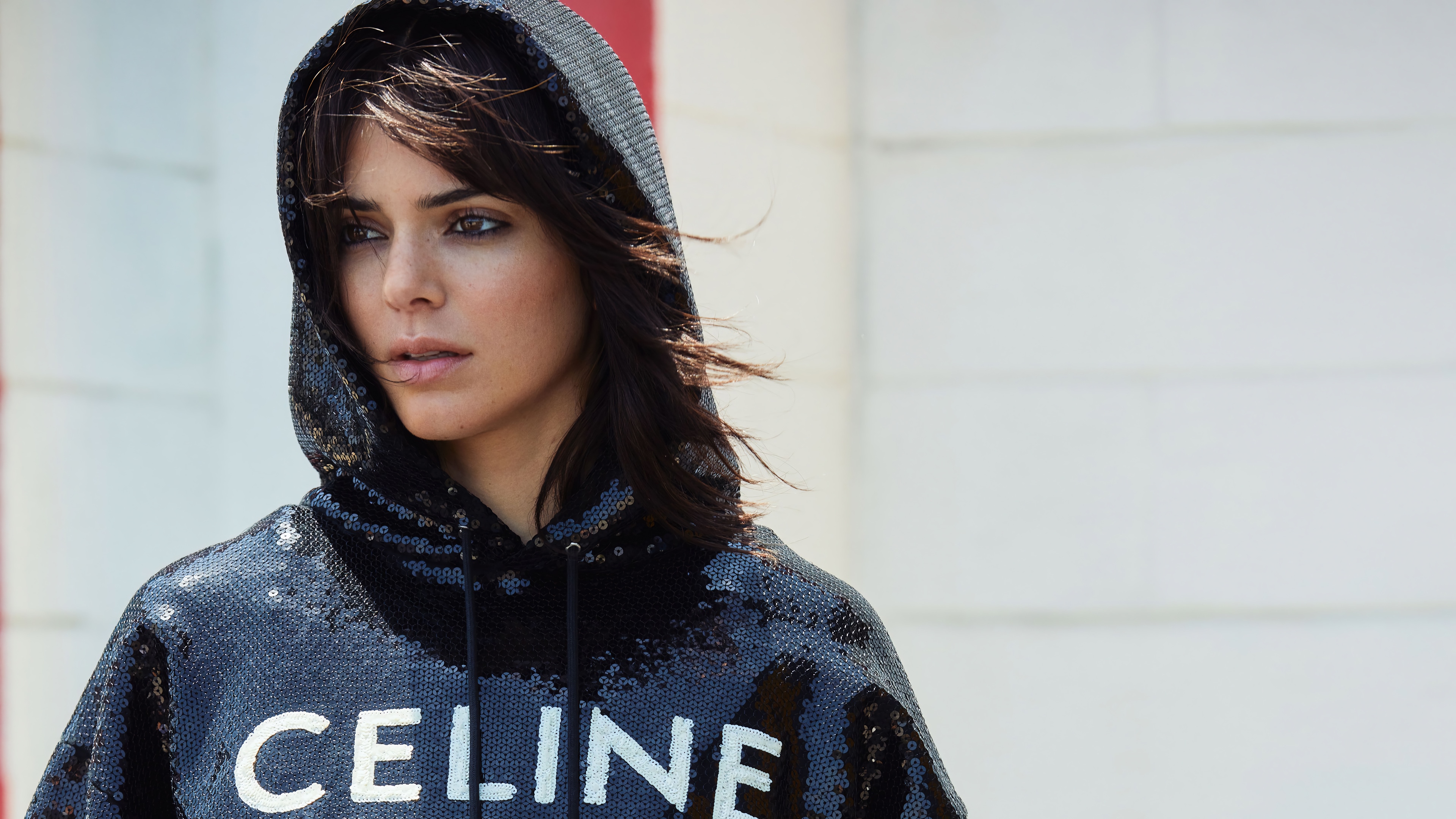 Kendall Jenner in a sequined Celine hoodie HD Wallpaper