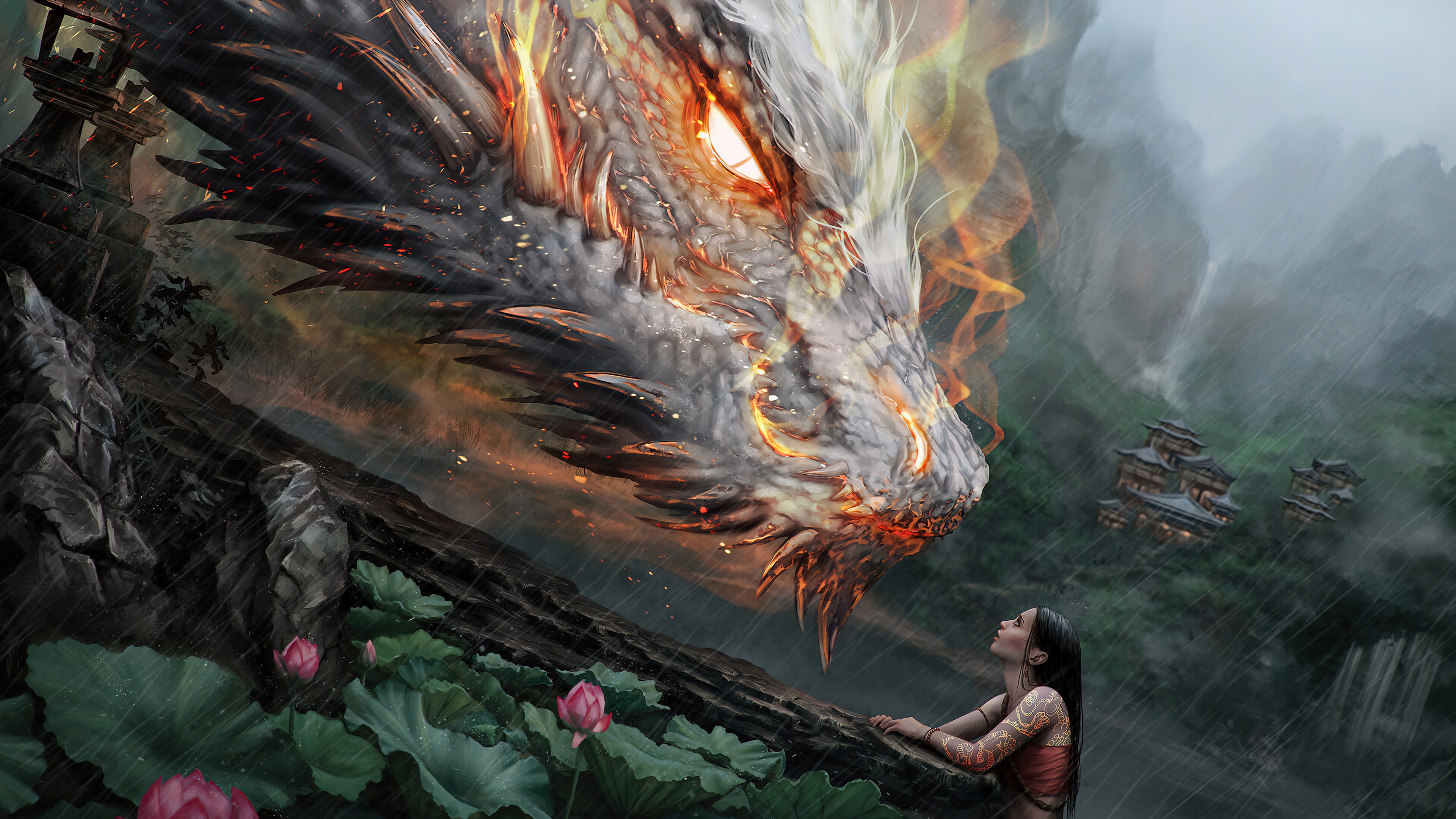 Fantasy Dragon and Girl in a Misty Landscape 4K HD Wallpaper