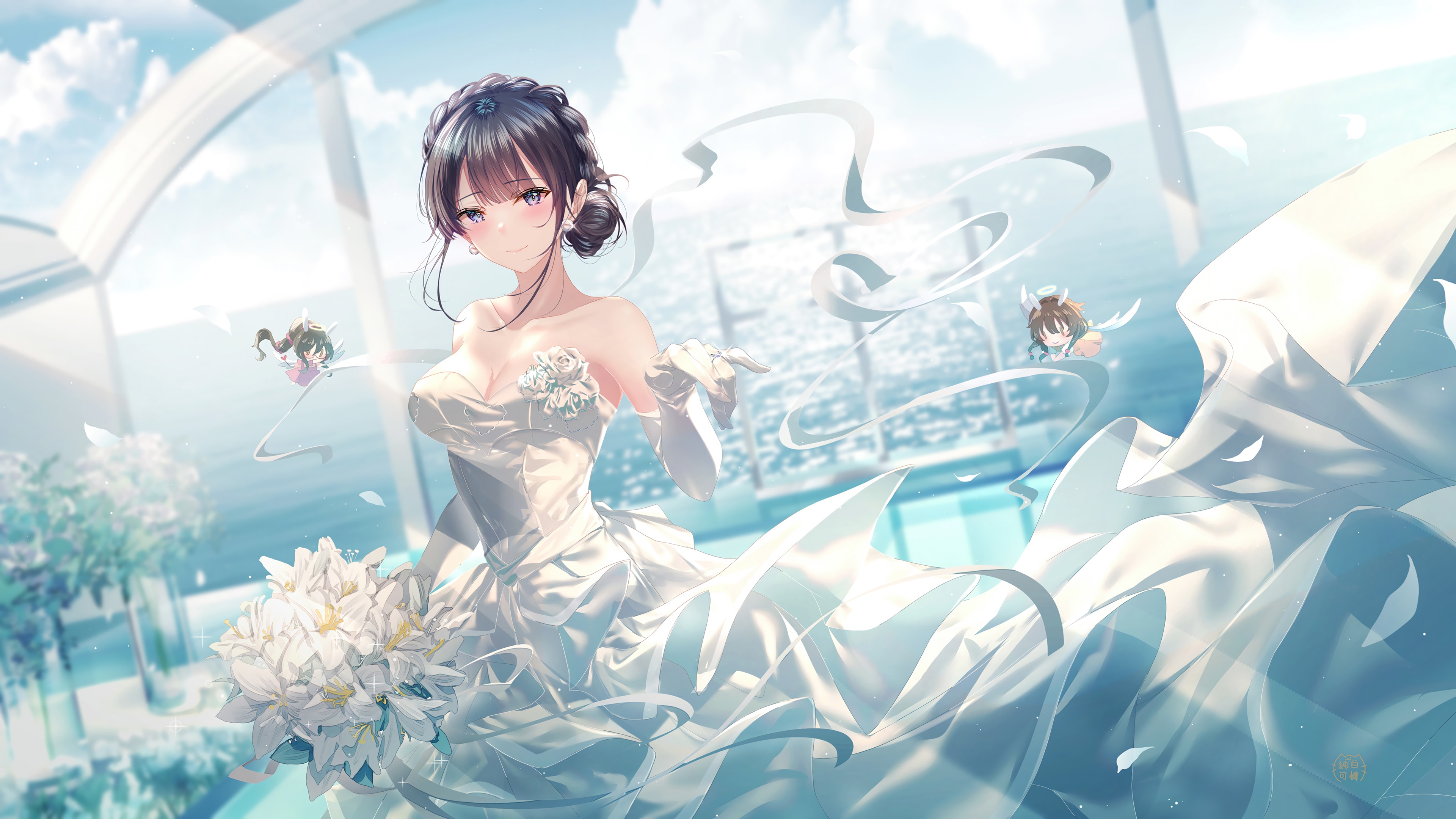 Anime Bride in Wedding Dress with Bouquet 4K HD Wallpaper