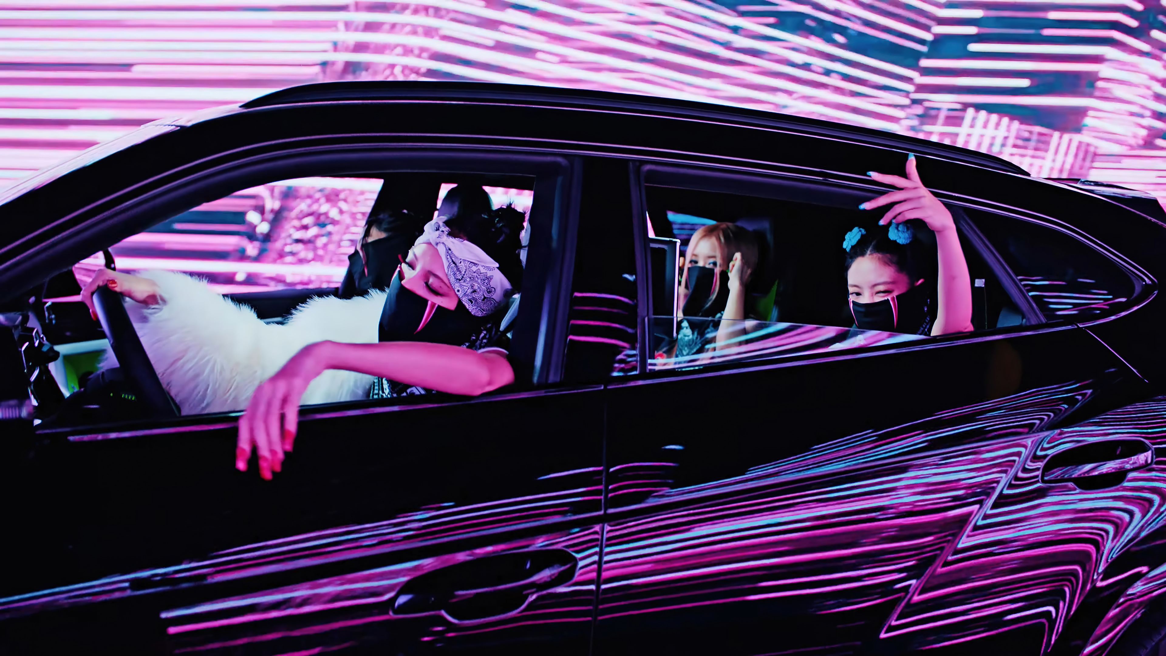 BLACKPINK members in a car with neon lights HD Wallpaper