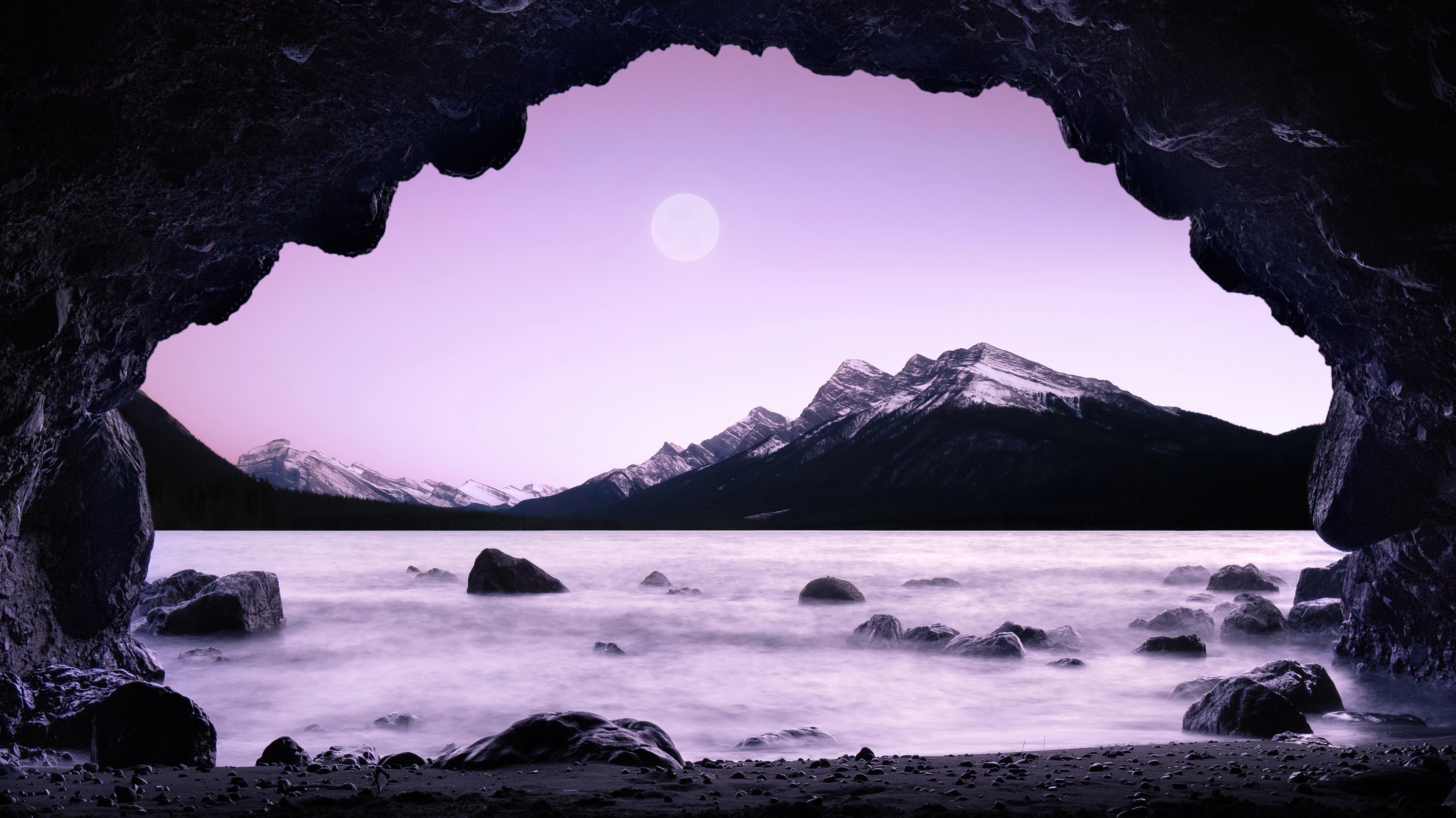 Cave view of mountains and lake at sunset 4K HD Wallpaper
