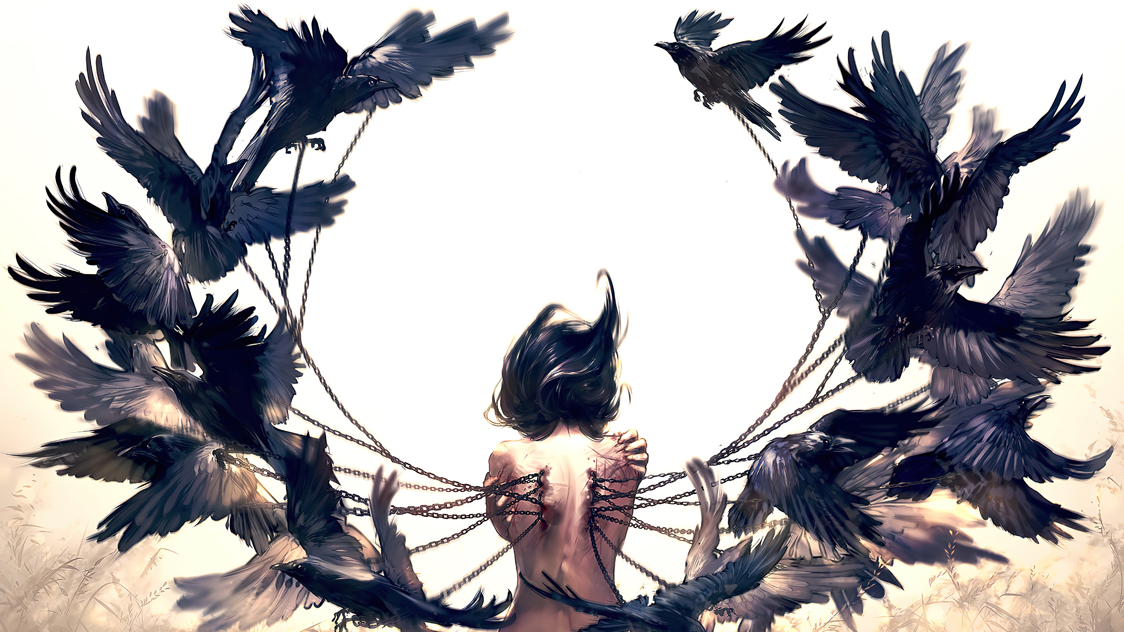Girl chained with crows in 4K HD Wallpaper
