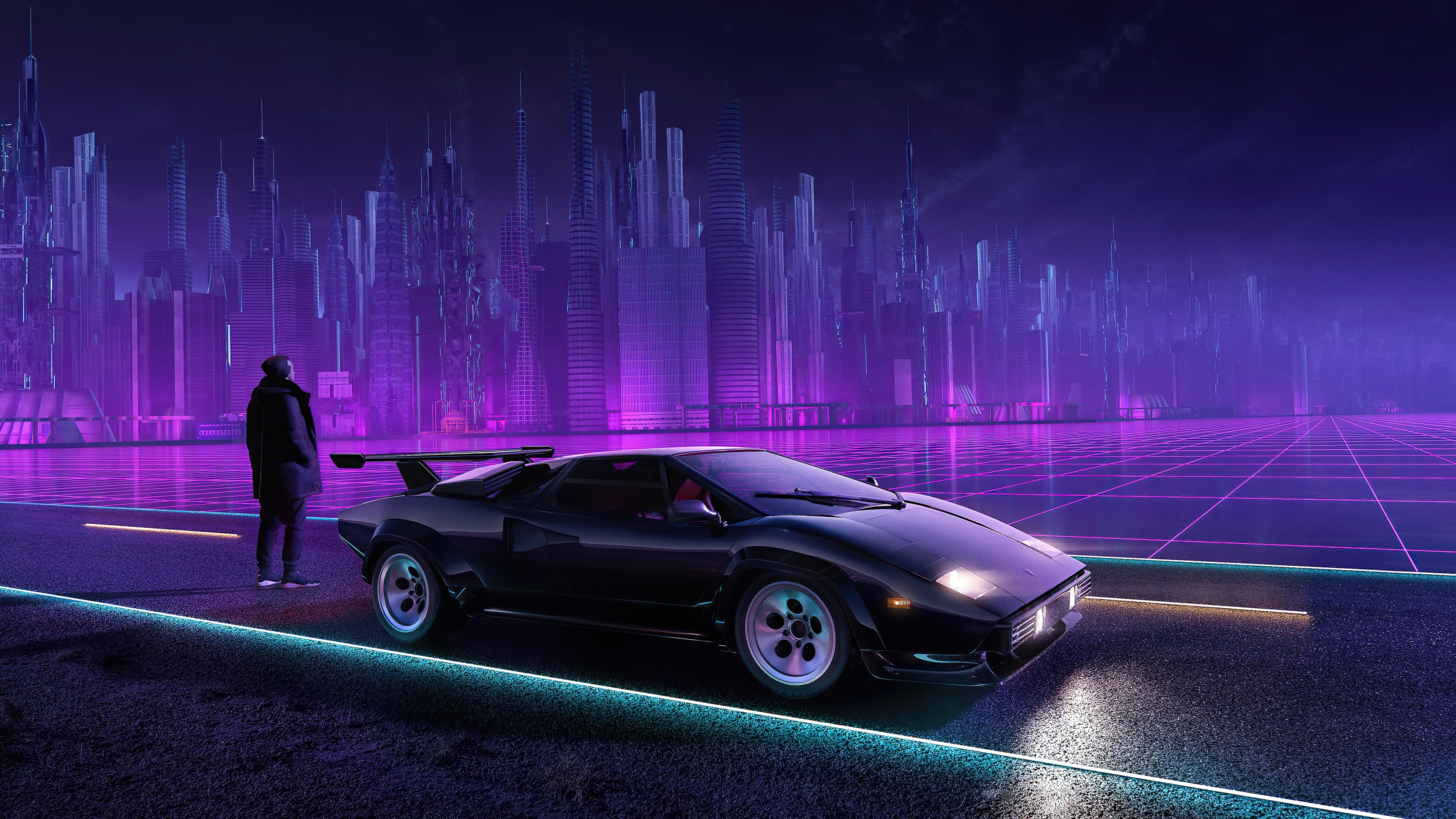 Sci-Fi Cityscape with a Black Sports Car and a Person HD Wallpaper