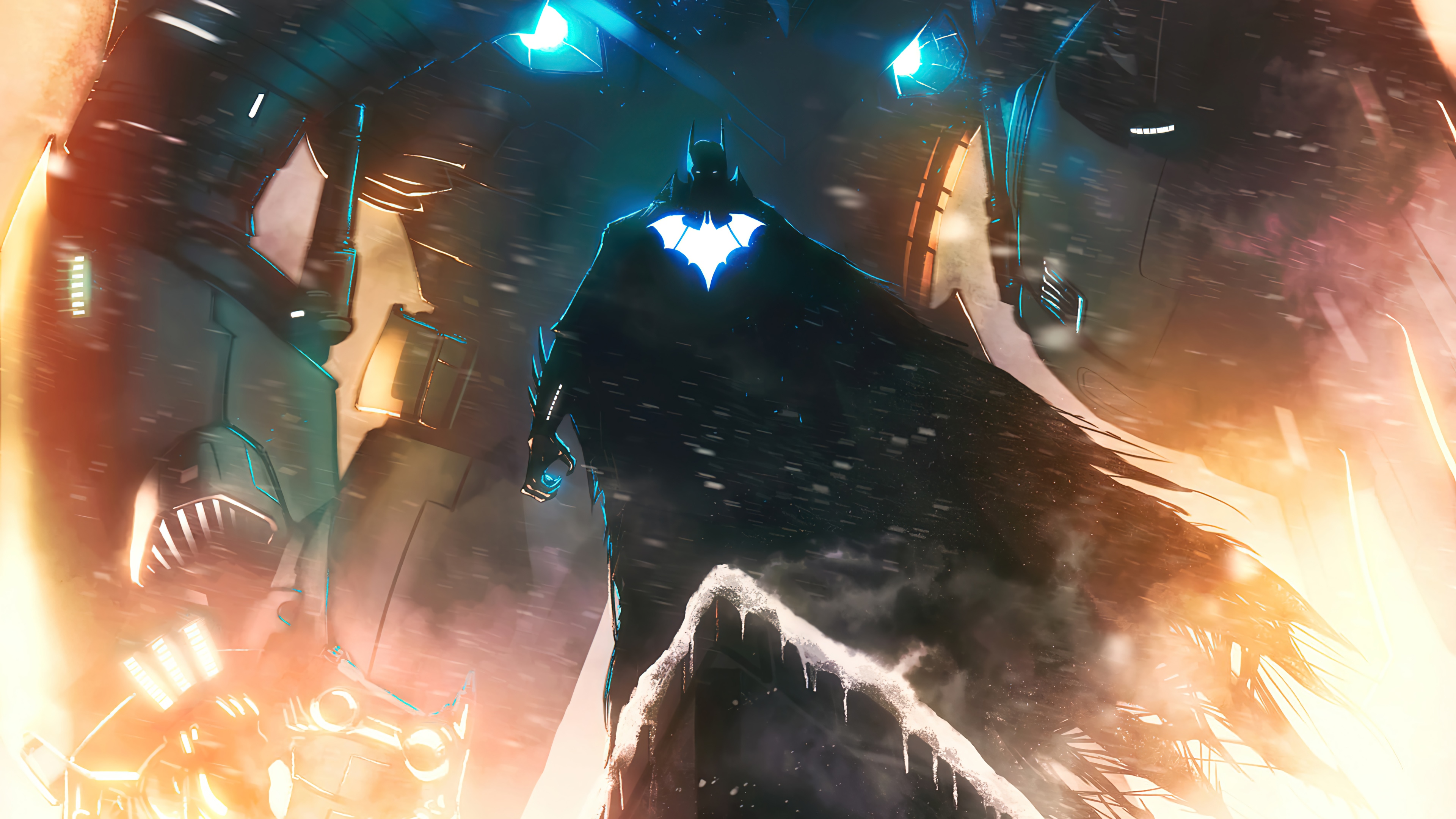 Batman in a dark suit with a glowing bat symbol HD Wallpaper