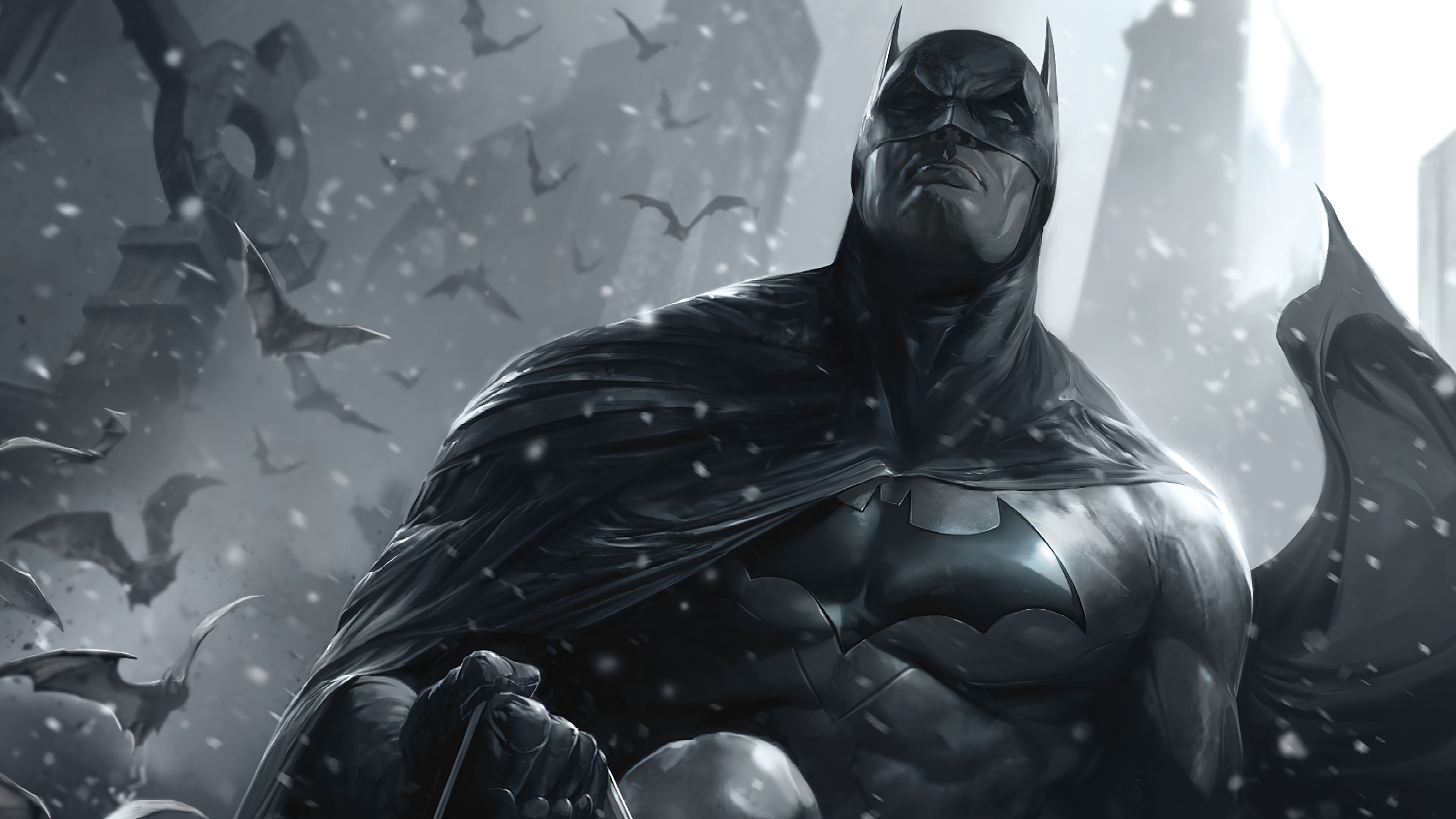 Batman in a snowy city with bats HD Wallpaper