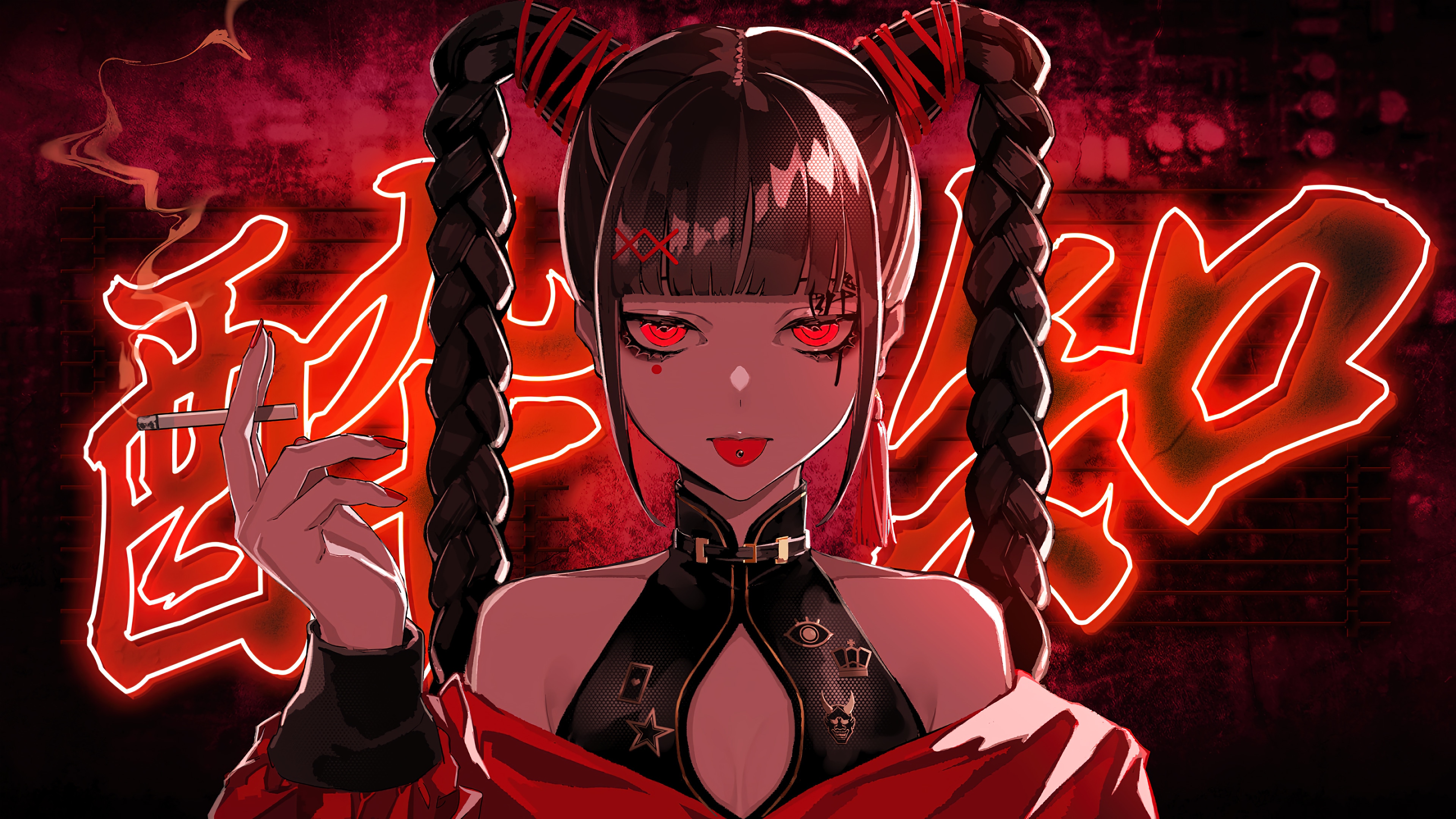 Anime Girl Smoking with Red Neon Background 4K HD Wallpaper