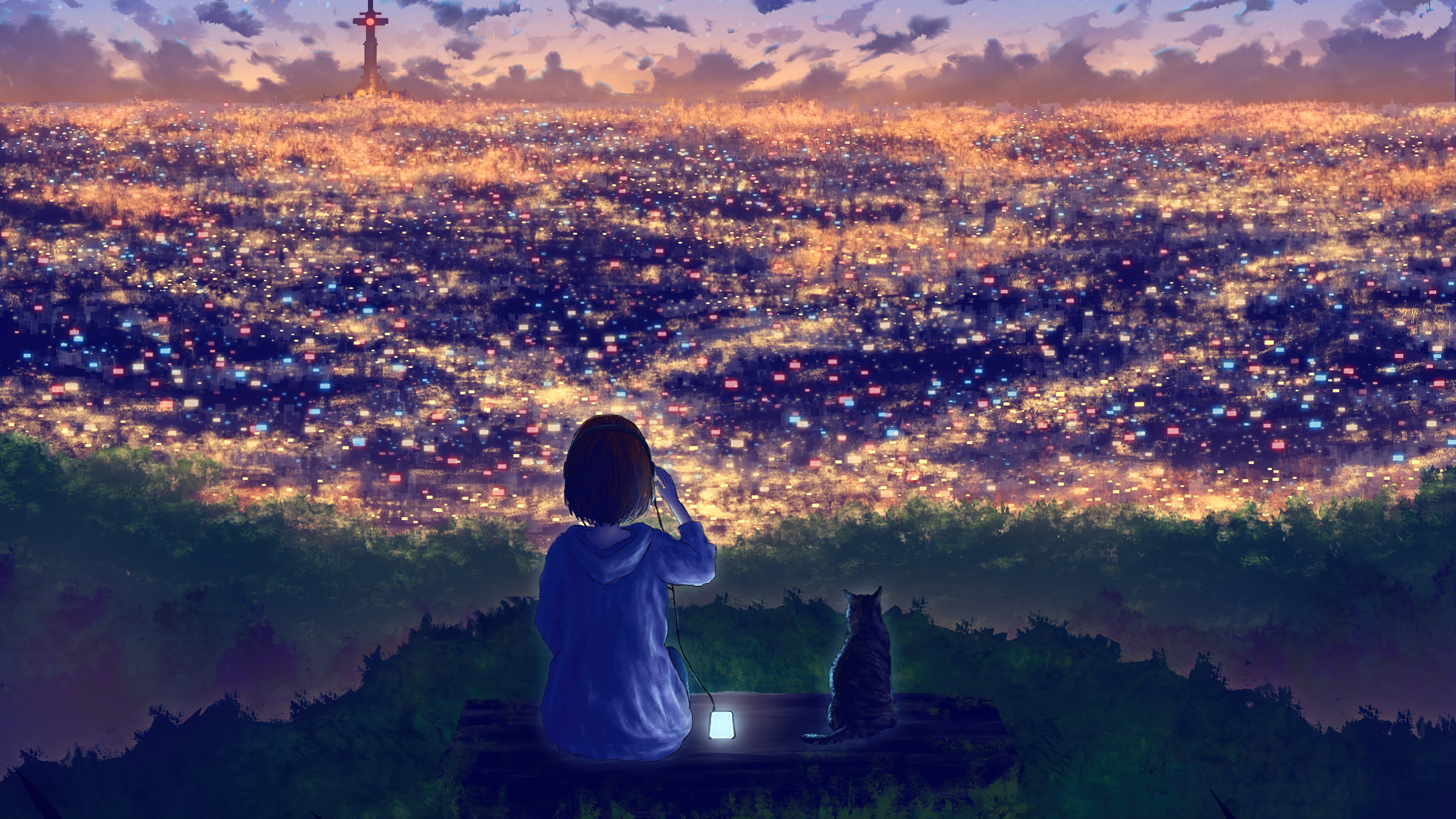 Anime Girl and Cat Watch City Lights 4K HD Wallpaper