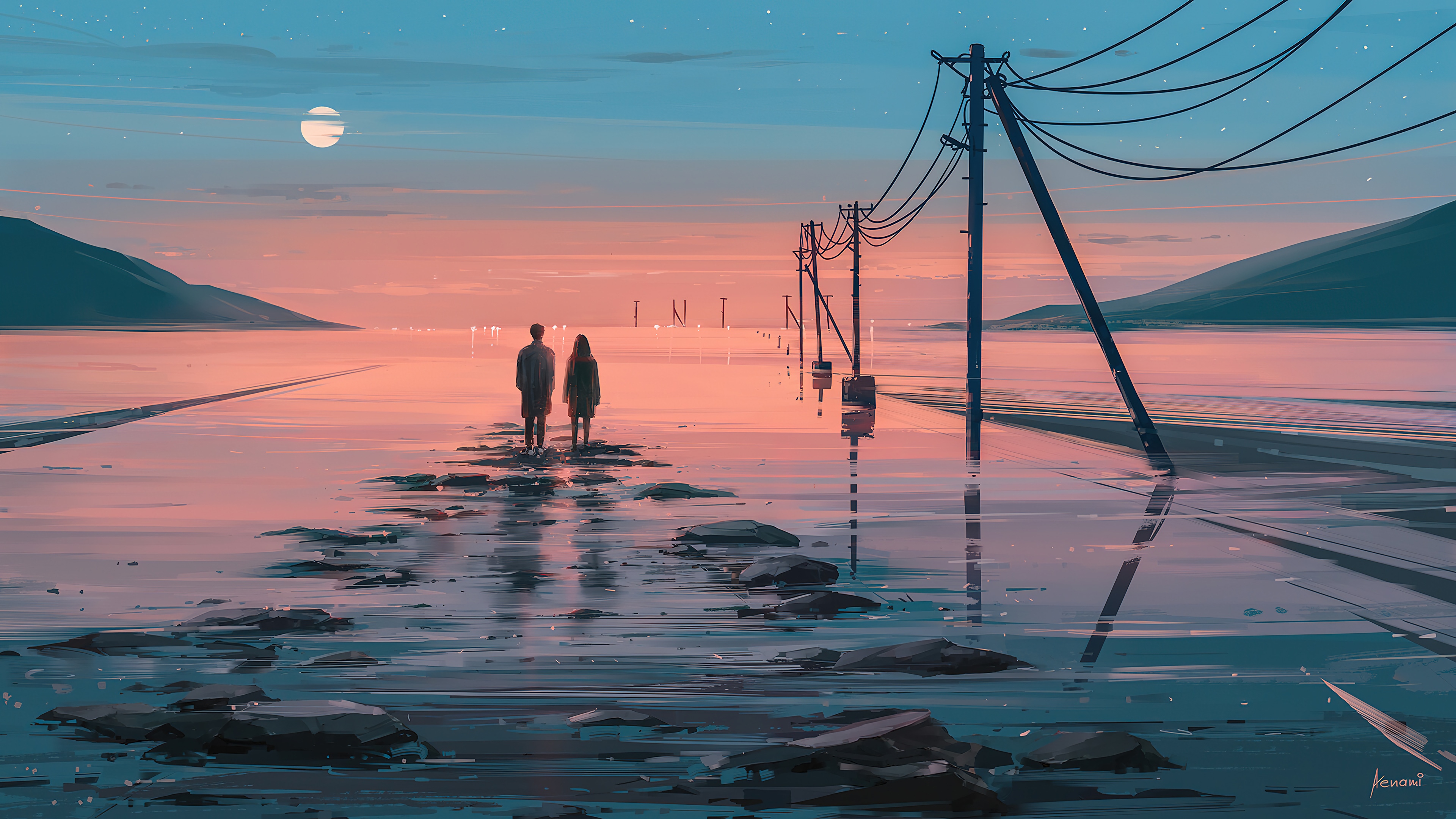Couple walking on flooded road at sunset 4K HD Wallpaper