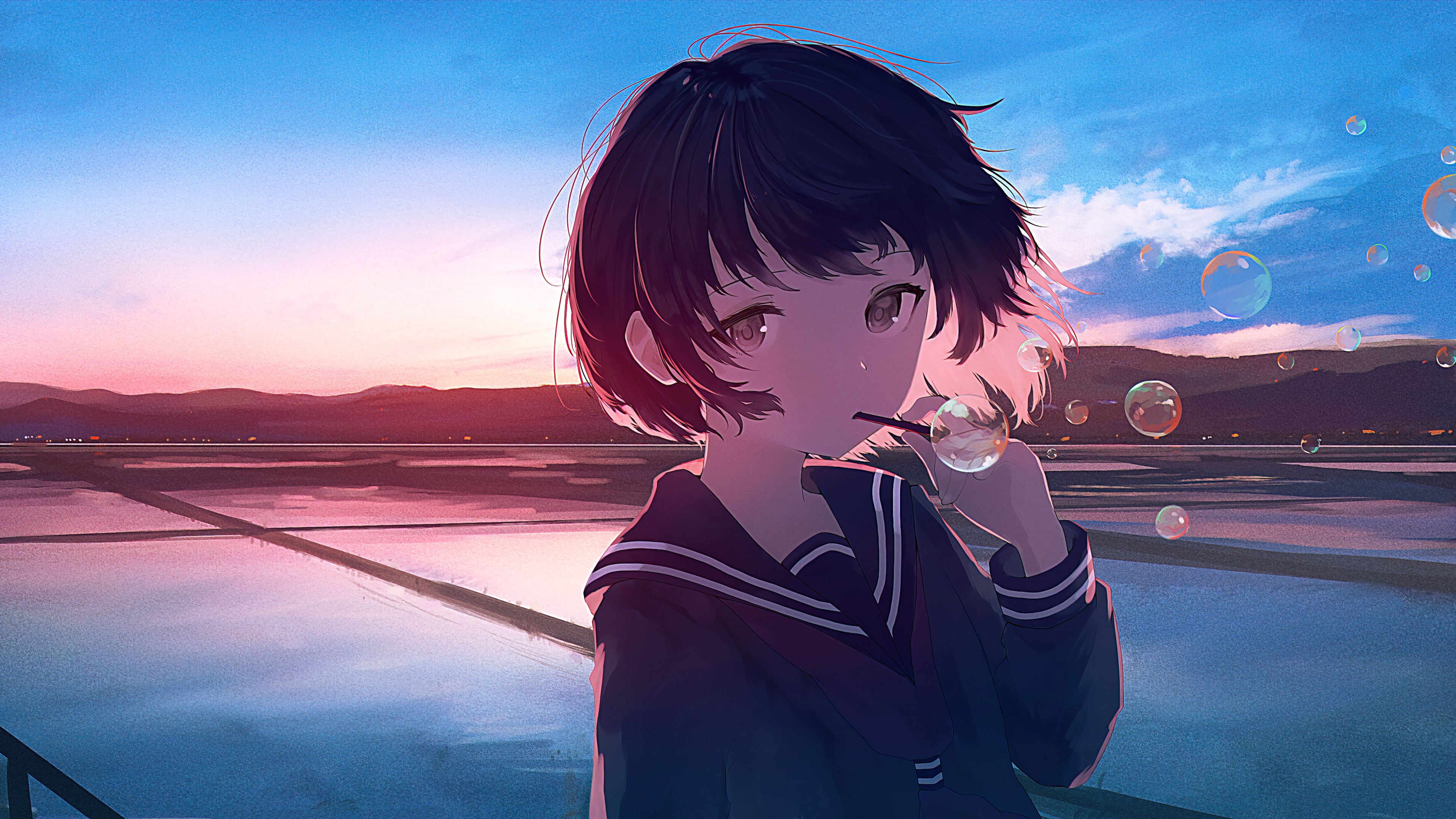Anime girl in school uniform blowing bubbles at sunset 4K HD Wallpaper