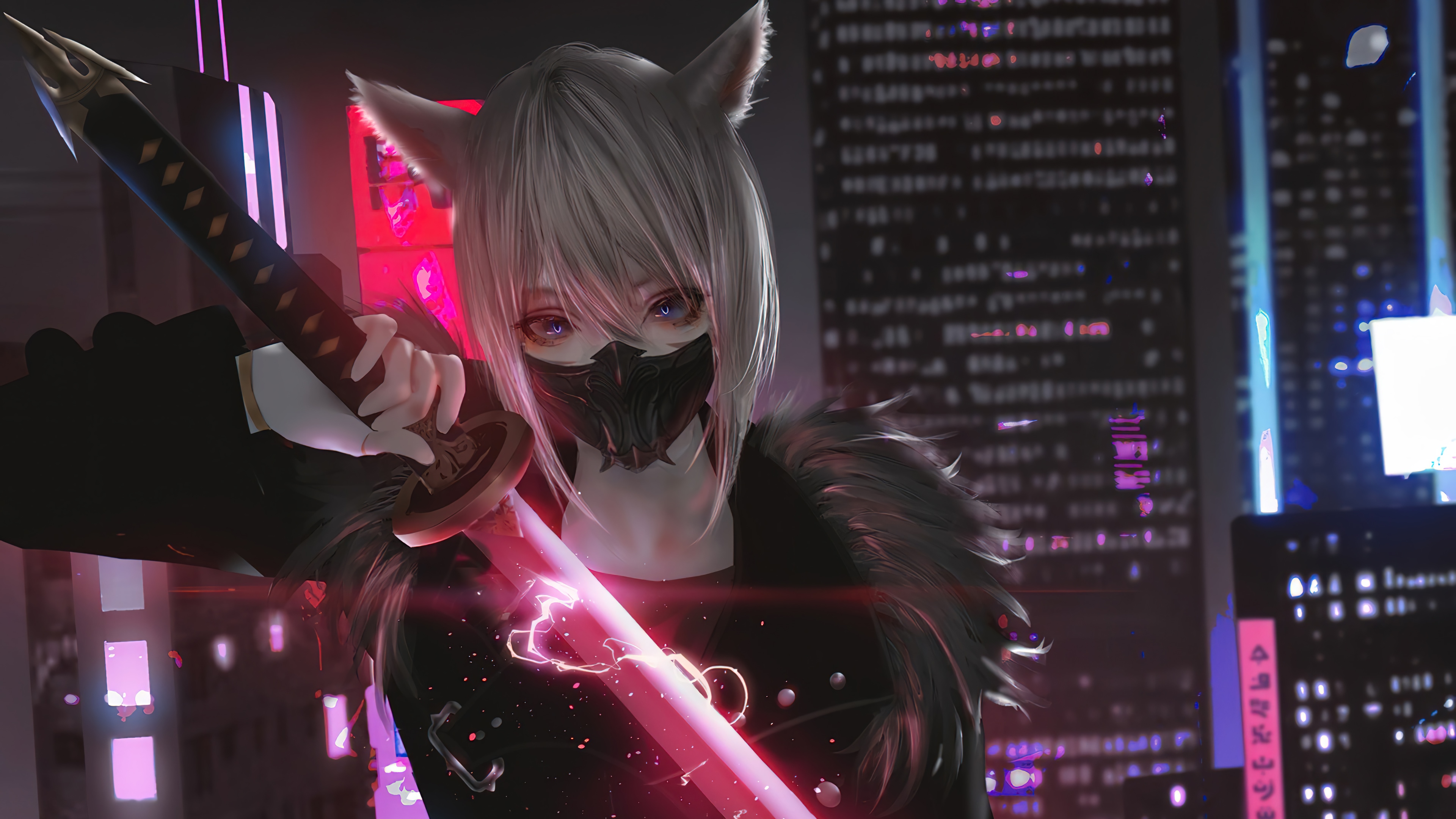 Anime Girl with Katana in Sci-Fi City 4K HD Wallpaper