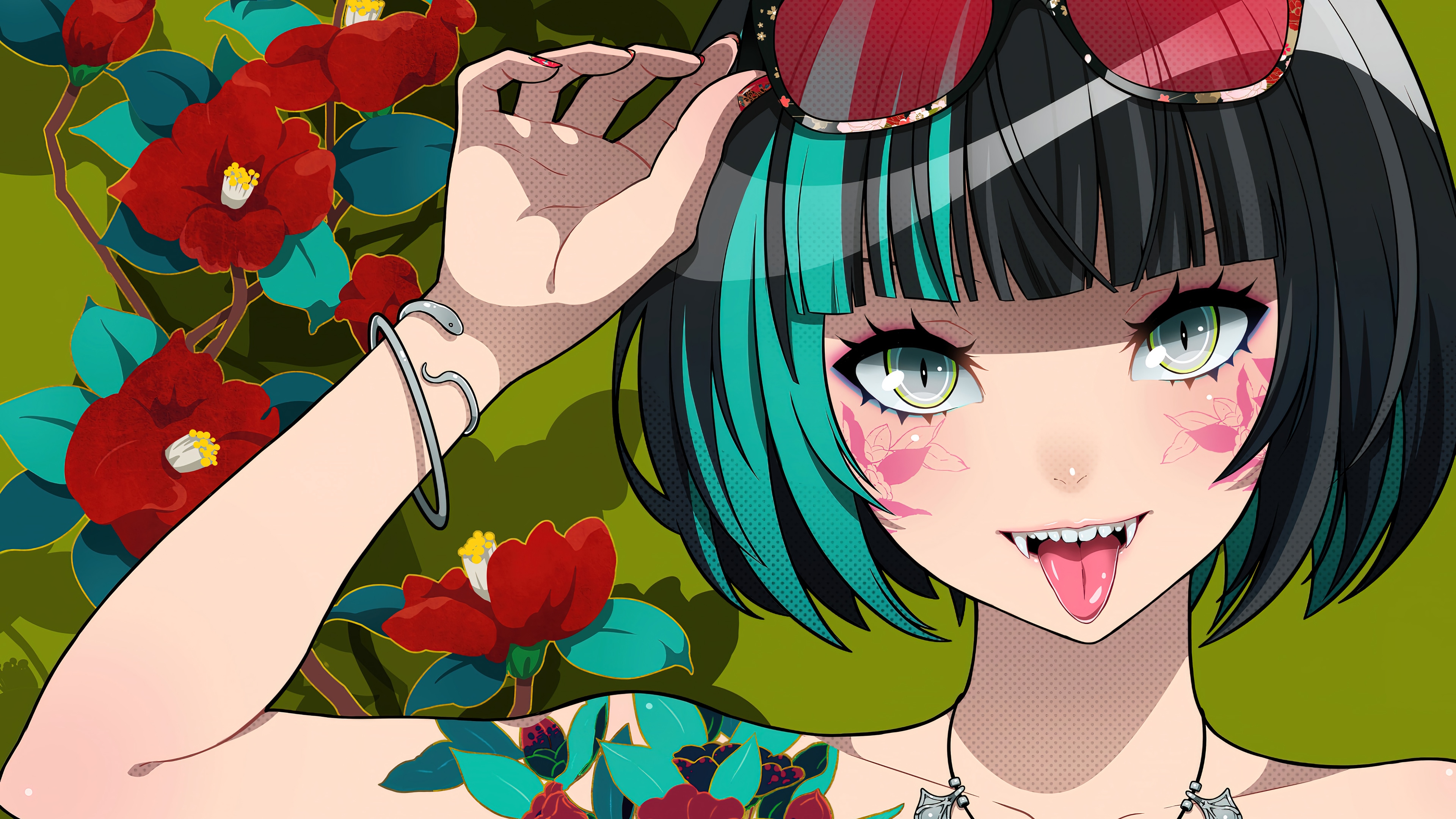 Anime Girl with Fangs and Red Flowers 4K HD Wallpaper