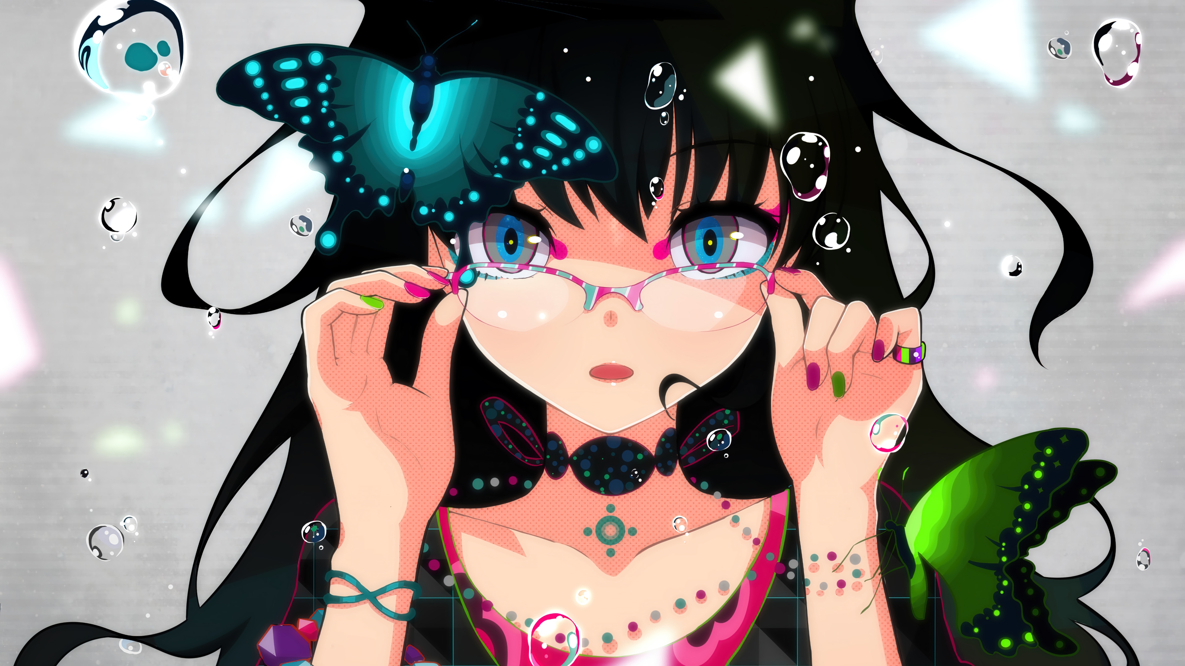 Anime Girl with Butterfly and Glasses 4K HD Wallpaper