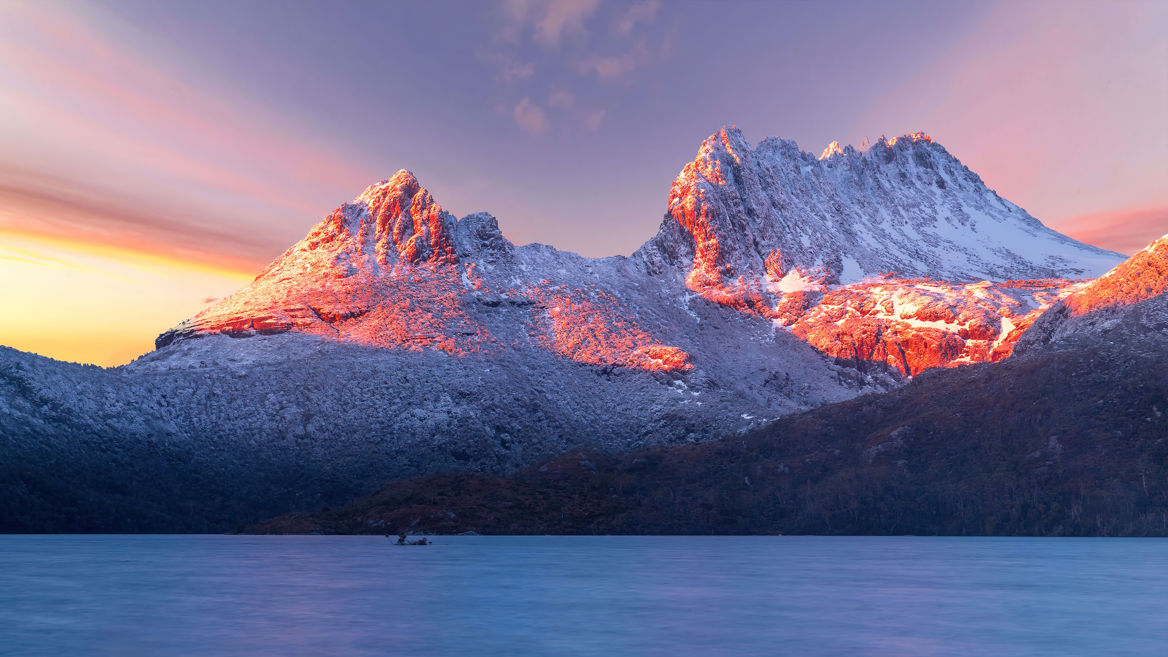 Sunrise over snow-covered mountains and lake HD Wallpaper