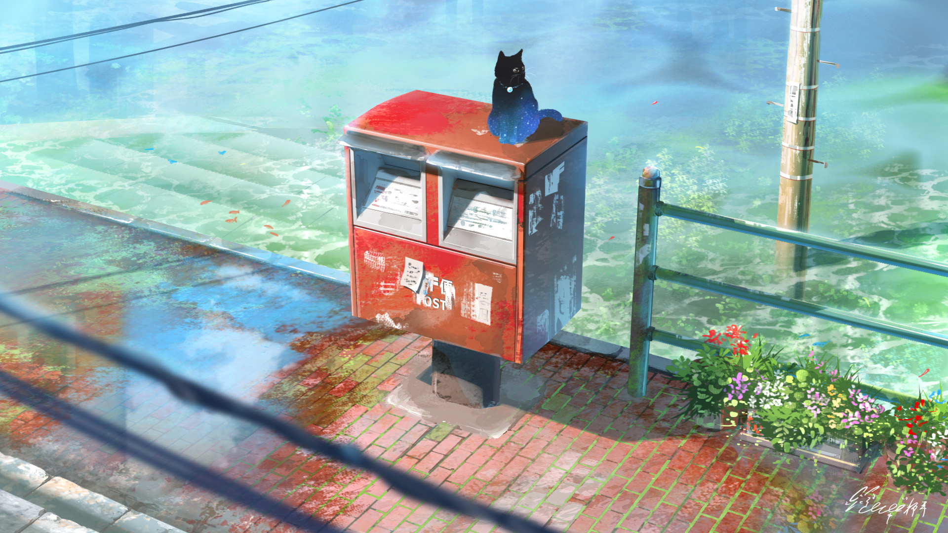 A cat sits on a red mailbox HD Wallpaper