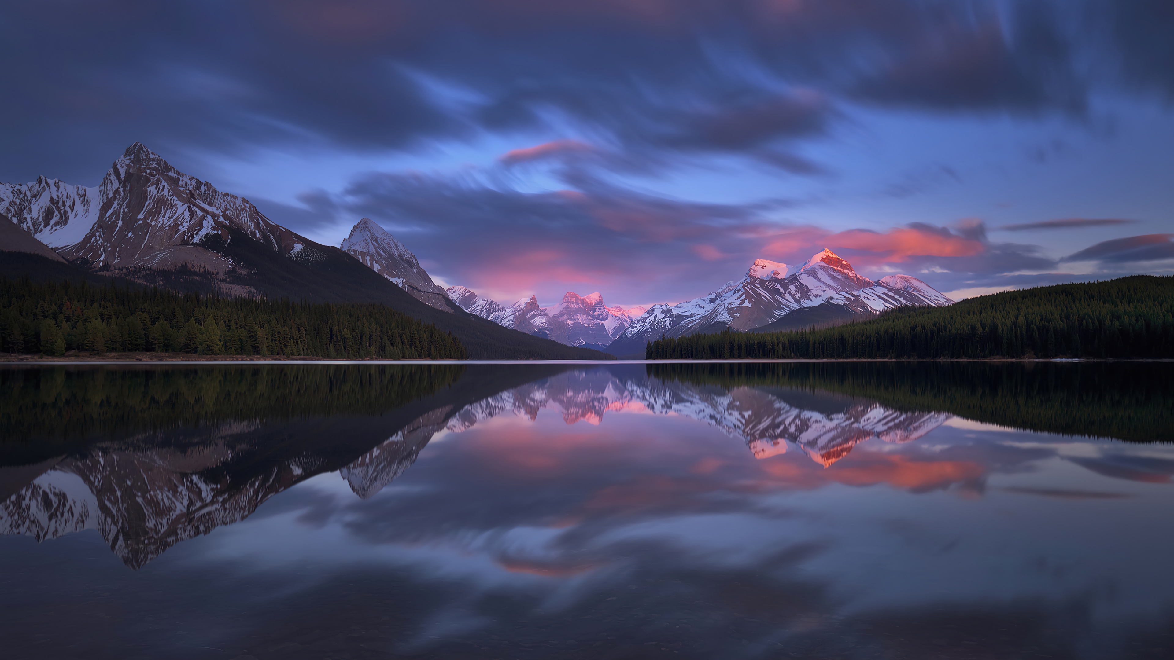 Mountain lake scenery at sunrise with pink clouds HD Wallpaper