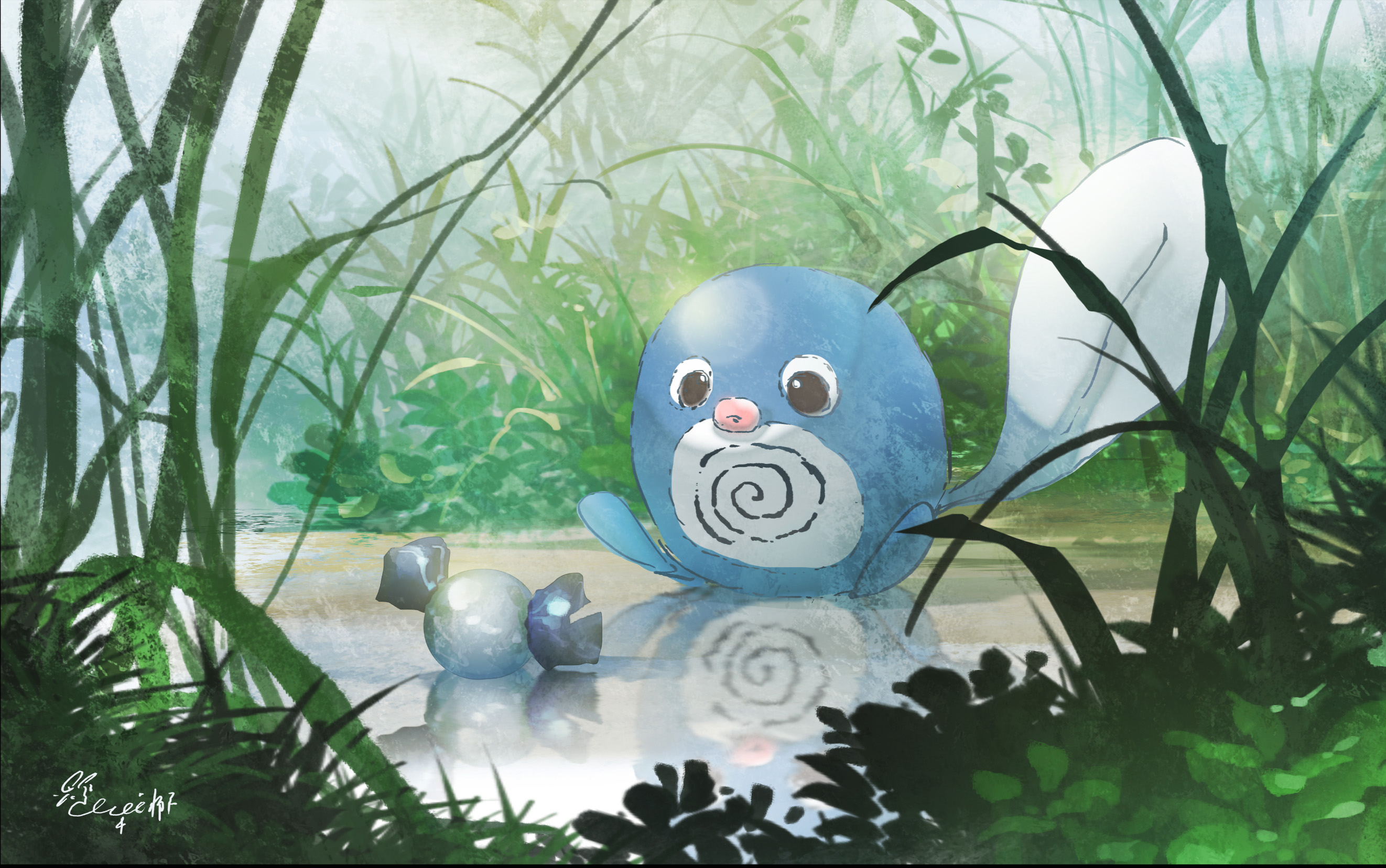 Poliwag sitting by a puddle with marbles HD Wallpaper