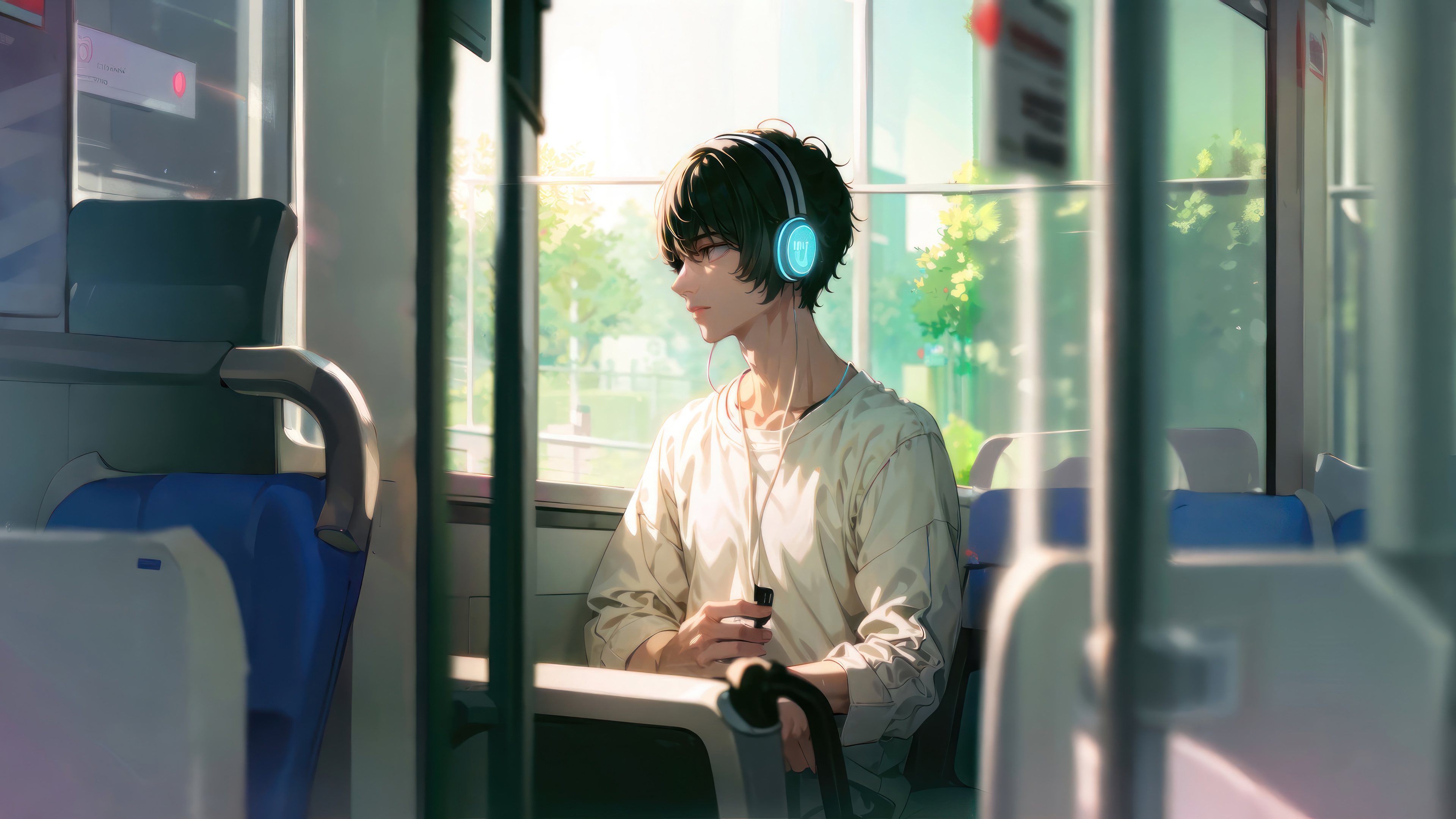 Anime Boy with Headphones on a Bus 4K HD Wallpaper