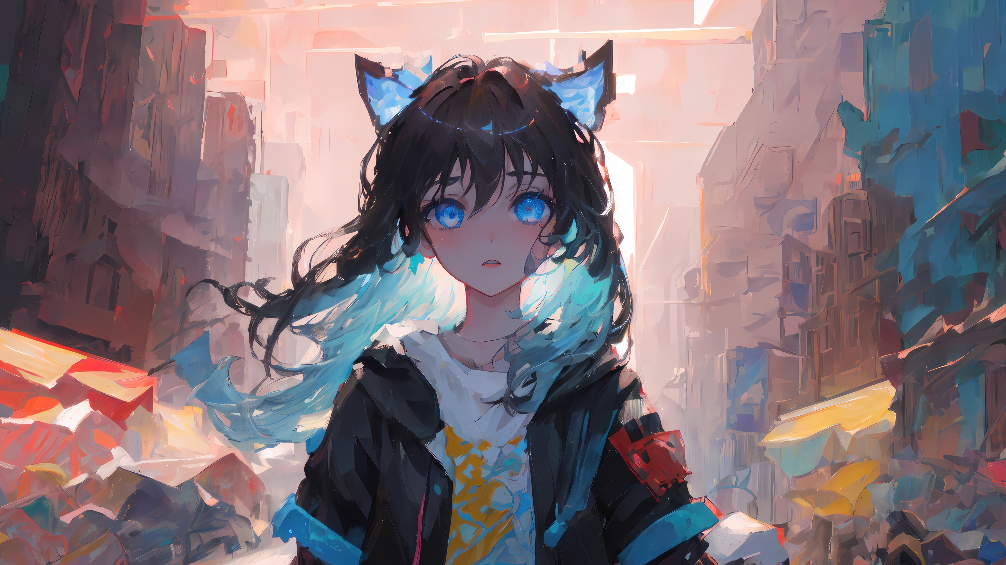 Anime Girl with Blue Eyes and Cat Ears in City HD Wallpaper