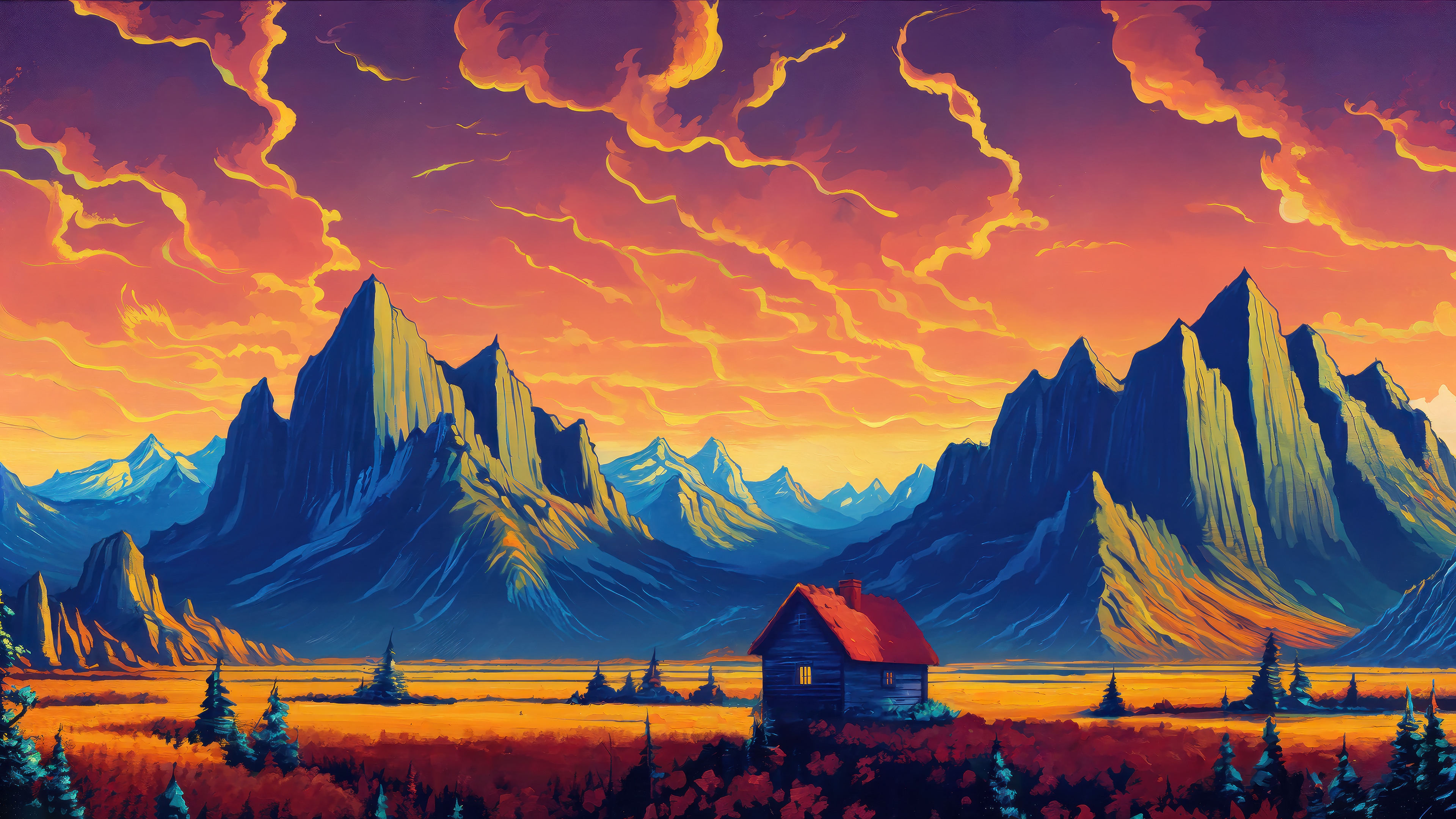Mountain Scenery with a Cabin at Sunset 4K HD Wallpaper